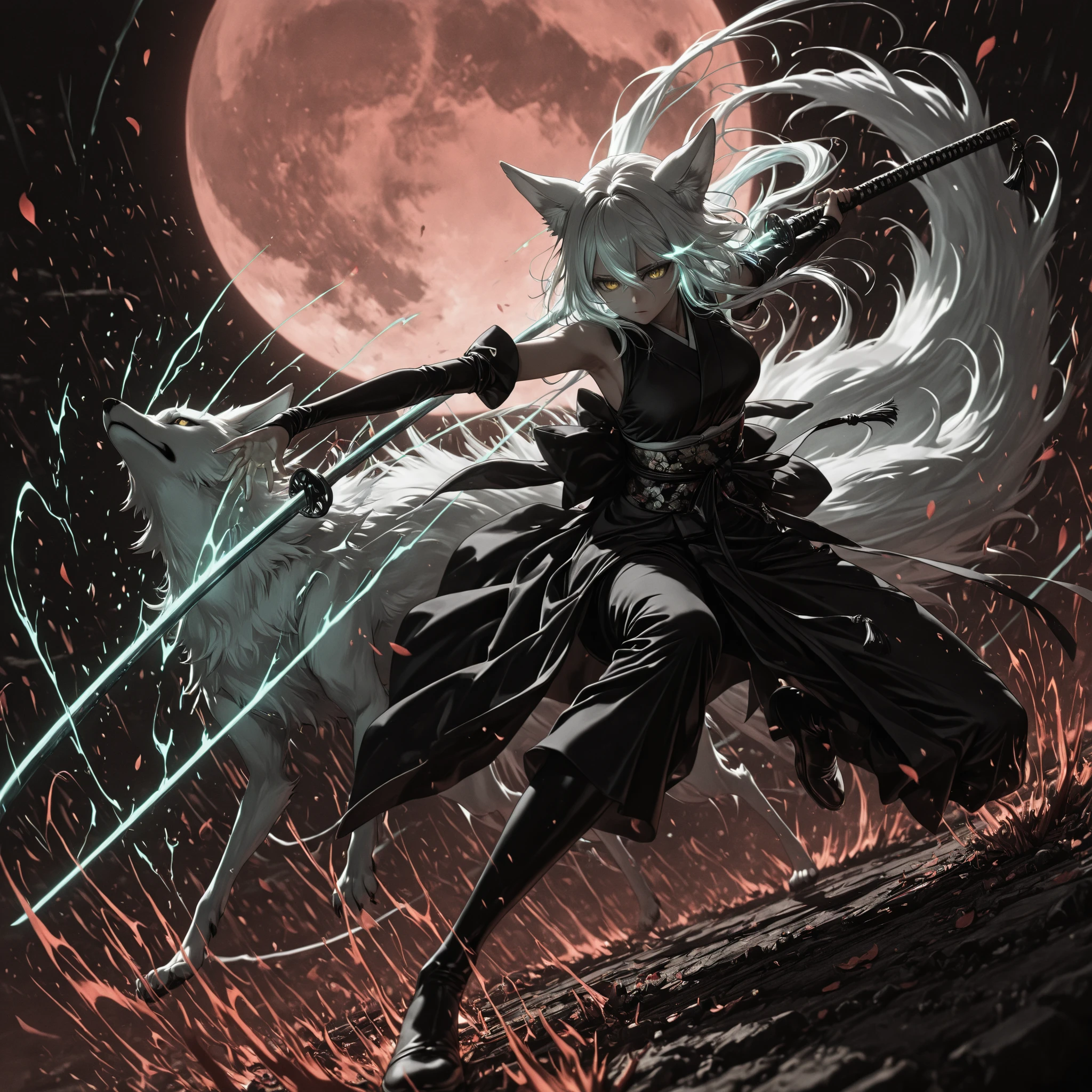 Red blade and white cloak, clearly demarcated, straight katana, smart cloak, clear color