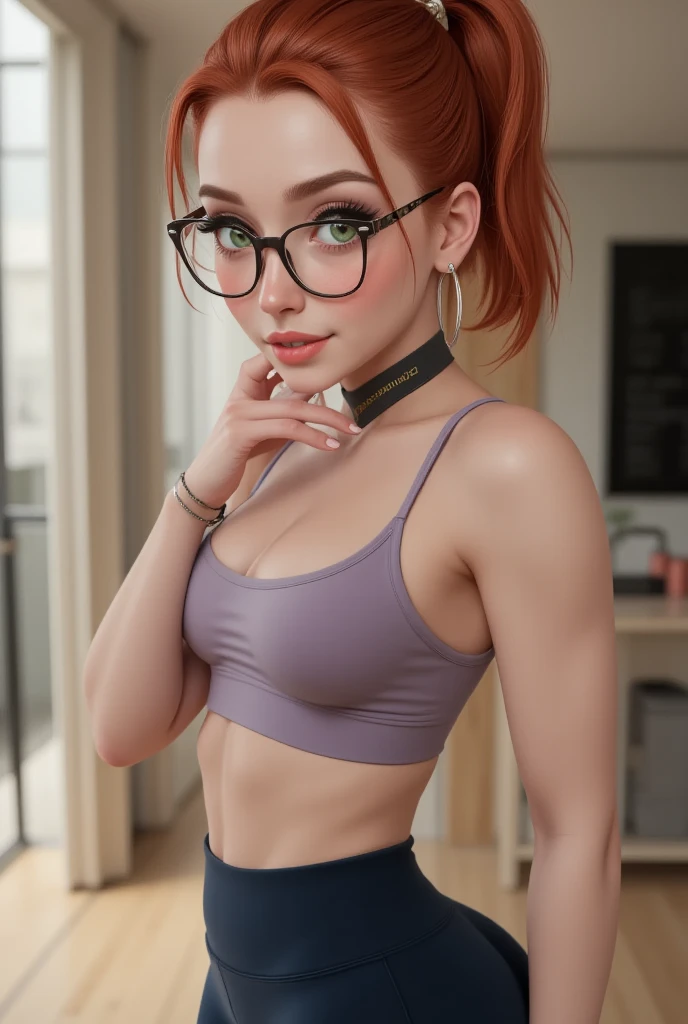 sfw,raw photo,beautiful ginger girl, in an office, graphic eyeliner, rouge, glasses,pigtails,realistic skin texture,face freckles,black tshirt,show bust,black leggins,masterpiece,blush,blushed,blushing,teen girl,pale skin,big bust ,beautiful,sexy pose,sexy,sexy body,perfect body,wide hips,, warm lighting, cosy atmosphere, bored face
