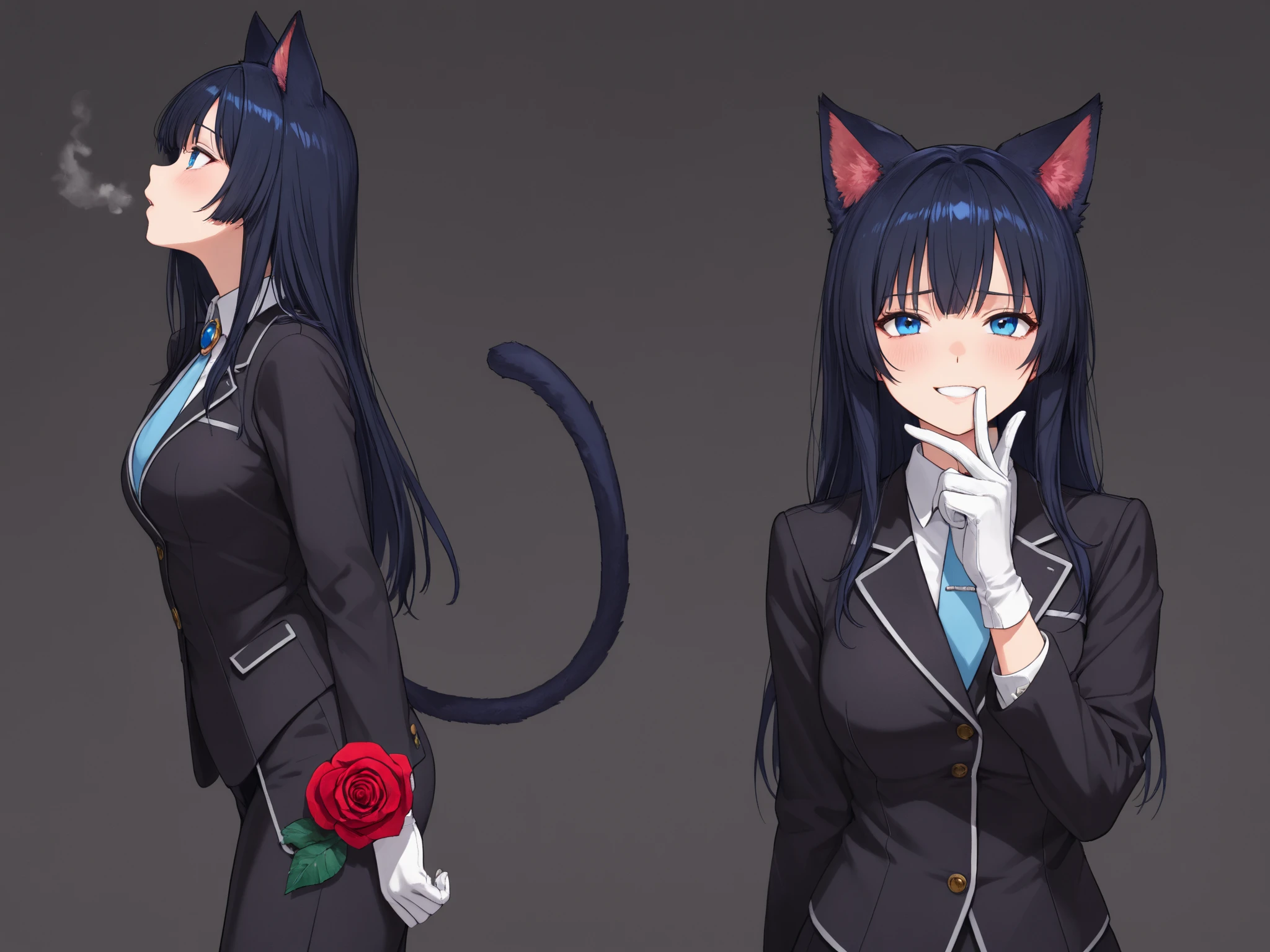 Juri Han,Beautiful girl, shorth hair, wearing a formal suit, necktie, large breasted, sensuous, lipstick, smilling face, gorgeous eyes, Bblack hair, Clean and combed hair, rot (x) Behind her, Combat posture,x, orelhas de catboy, catboy collar, catboy tail, catboy,meow, whole body,Draw your hands better
