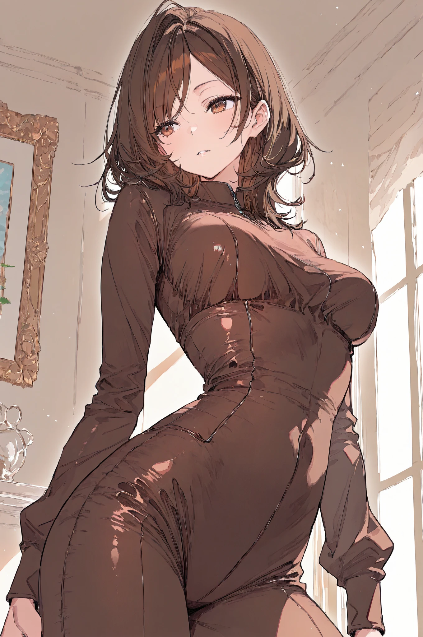 masterpiece,best quality,ultra detailed　,1girl　 ,black hair　 ,medium hair　 ,wavy hair　【see through】Evening Dresses　Nipples are visible through　See-through　smile