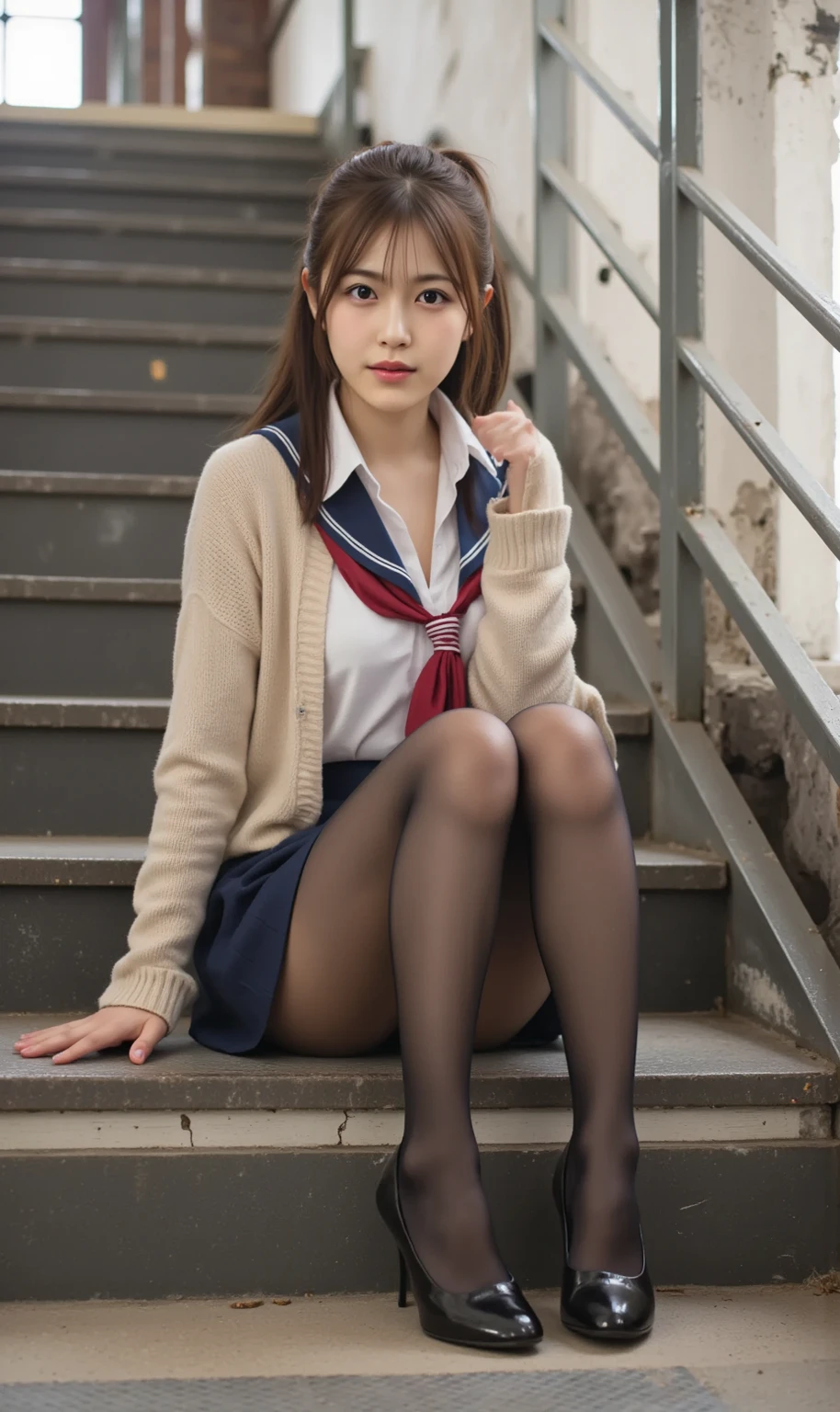 ulzzang-6500-v1.1, (raw photo:1.2), (photorealistic:1.4), beautiful detailed girl, very detailed eyes and face, beautiful detailed eyes, ridiculous, incredibly ridiculous, huge file size, super detailed, high resolution, very detailed, best quality, masterpiece, kemomimi, ((Japanese girls' high school uniform)), illustration, very detailed, CG, unified, 8k wallpaper, amazing, Fine details, masterpiece, best quality, very detailed CG uniform 8k wallpaper, light on face, cinematic lighting, 1girl, 16 years old, ((no panties)), ((dynamic pose))), (?????????), (half), (pantyhose), (knee-bending leg sitting))