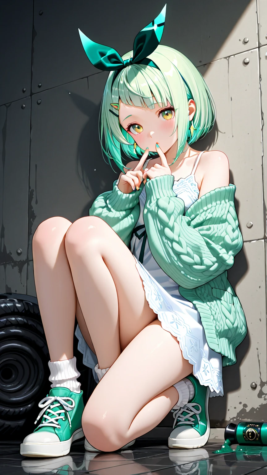 (masterpiece:1.2, best quality,top quality), (detalhes intrincados), 1lady, solo,lying down,long hair,hair over shoulders,minimal makeup, tecidos naturais,sductive smile, cara travessa,((coconut trees,coast)),Cyan hair streaked white,{|Shaggy cut|Long bold side bangs|Sleek pixie cut|Undercut},claros, franja, franja na testa,green pupils,saia plissada,busty, face madura, detailed face, ((light green turtleneck sweater trim fur,thighband pantyhose,))correct ??????? of the foot,soaked,soft lighting,good lighting,ray tracing,dynamic lighting, cinematic lighting