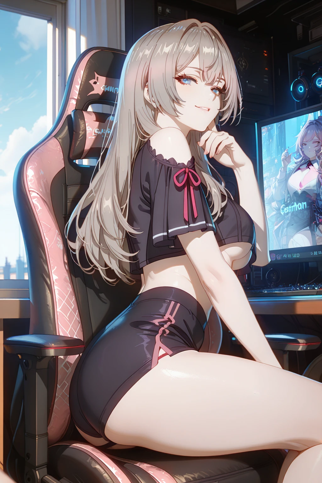 female ,PC Desk,Sitting in a gaming chair,Pay,Holding a game controller,vtuber,Game Now Streaming,A lady-like broadcasting room,lady bed,Colorful ,Black ,Black  area,Flip-up skirt, , (Black pubic hair）,Thick pubic hair,((Hairy pubic hair)),Crying face,tears,saliva１, Skinned , close your eyes, how, how in , Dark Skin, Heterosexual, , , , Sweat,((( splashes))),No correction, , , Vein,,Accurate female  location,The position of pubic hair on a typical woman, beautiful, (masterpiece:1.2), (Highest quality:1.2), Perfect Eyes, Perfect Face, Perfect lighting,One woman, 独奏,Oily skin,masterpiece, Highest quality, High resolution, (salome), Drill Hair, Parted bangs, hair band, ribbon, Purple eyes, Large Breasts, tattoo, ((Red tight dress, Silk material)),,Long sleeve,  shoulders, Black gloves,Open your mouth wide,Eyes Wide Open,smile,Thick thighs,Narrow waist, ((headset)),Constricted eyes,),,Wide open ,, ,, , , Sweat,((( splashes around the groin area))),(( while looking at a smartphone)),from the front