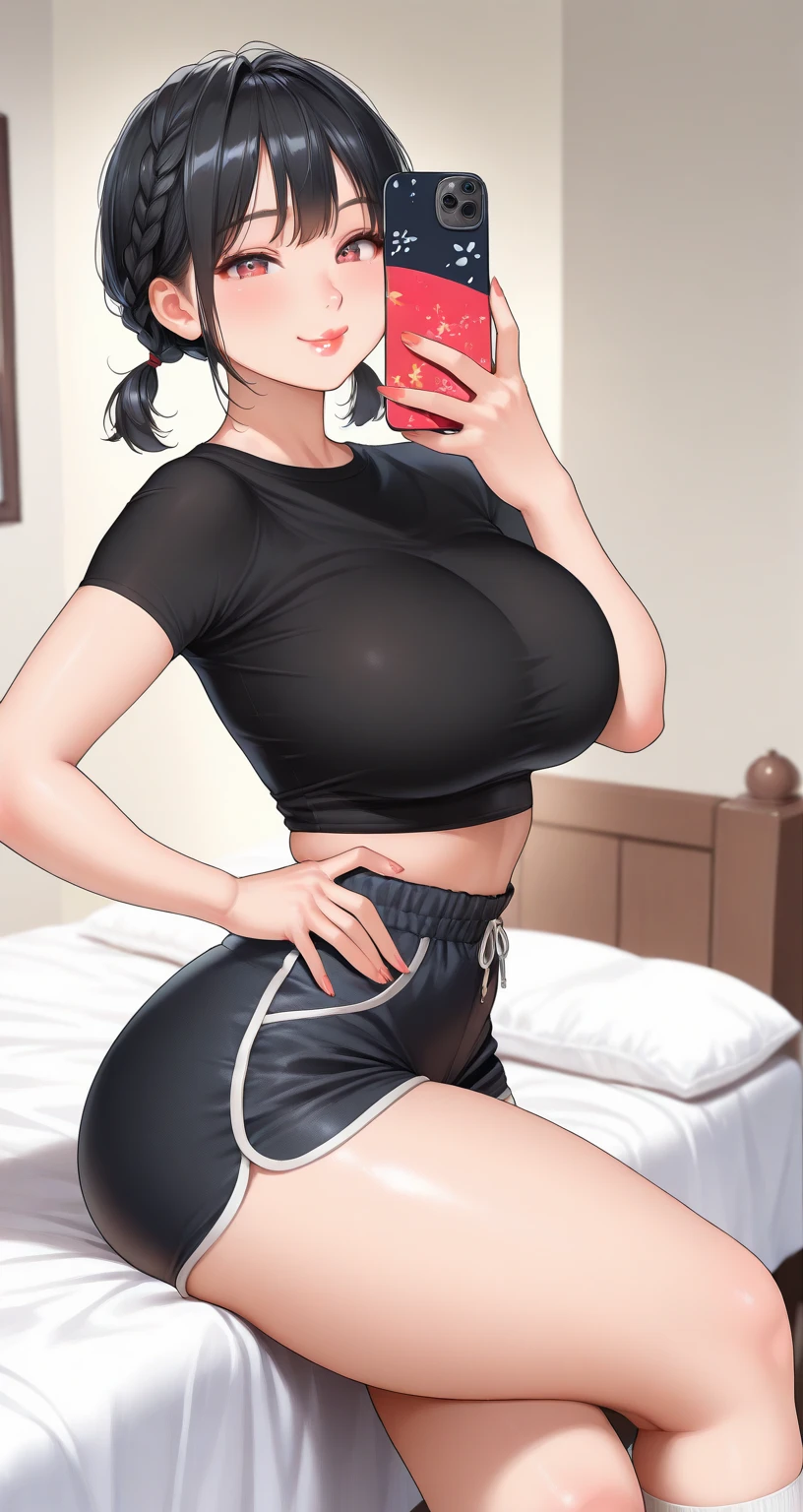 work of art, best qualityer, detailedeyes, wall-paper, sensual photo essay, hinterland, photographic studio, default background,1 girl, standing, microwave good, hot pants, cowboy shot, breasts big, eyes black,  preoccupied,  looking at breasts, sexy outfit, pantieslace, , bathing pose 