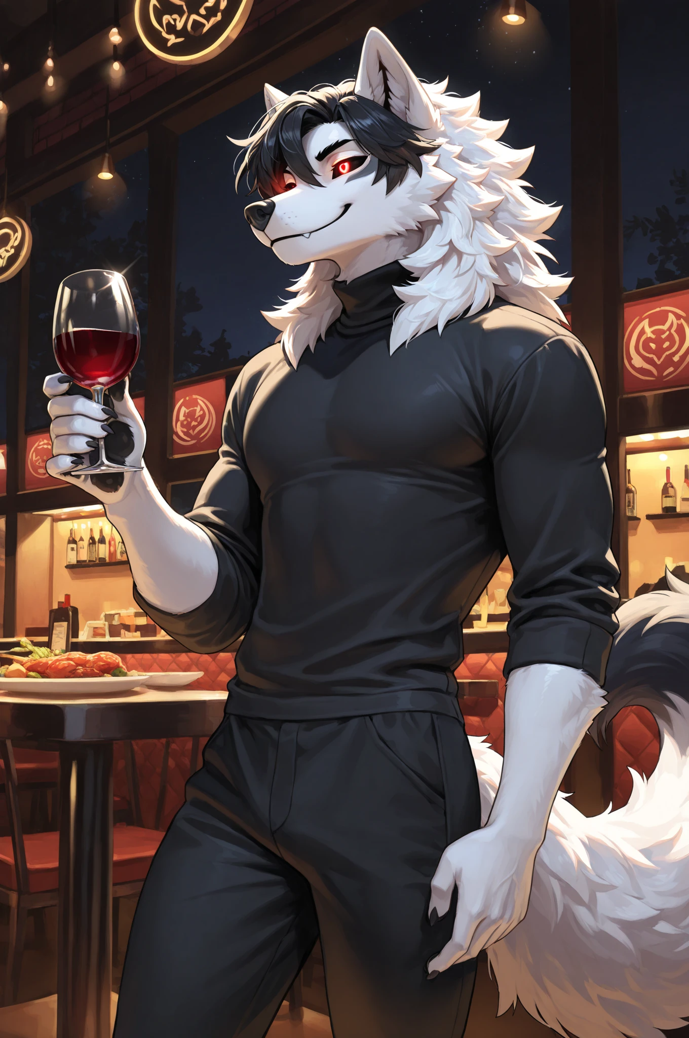 A drawing of a shy male anthro wolf with dark black and grey fur and green eyes sitting in the back of a nightclub