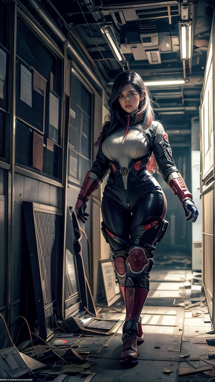(1 Girl,Solitary:2), (Super detailed face), (( (Sagging breasts、Cleavage, cleveage、Thick thighs)), Perfect body, )), (Cleavage上衣:1.5), (11-wire ABS female:1.4), (Mechanical arm guards:1.4), ((Wearing red mecha overwatch shiny armor suit short top, Black Mecha Skinny Suit Pants, Mechanical arm guardsOR LEGS, High heel:1.5)), (Full figure:1.3), (glowing skin:0.8), (Long legs, whole body:1.1), (Looking at the audience:1.3), (Female focus:0.886), (Walking the corridors of the future space station:1), (bright white room:1.3), Super texture, Unreal Engine Rendering, Physically Based Rendering, Ultra HD, 16K, 1080p.