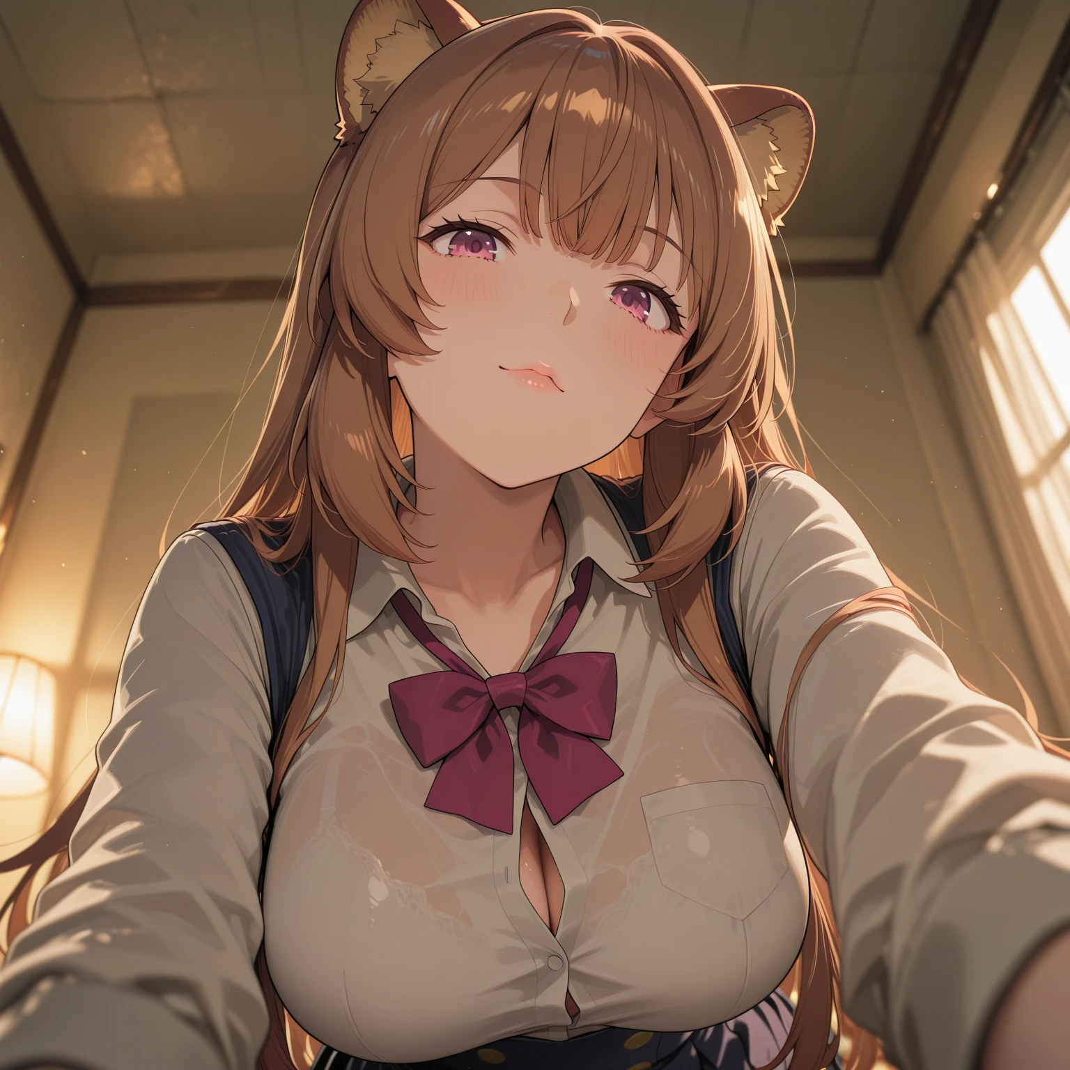 Raphtalia woman 35 years old straight orange hair , bear ears redondeadas, red eyes like ruby., expression of pleasure, Red face, , pale skin, big breasts, ,  breasts, , bear ears,, big breasts    lamiendo un  erecto de un hombre de piel oscura, lamiendo , .