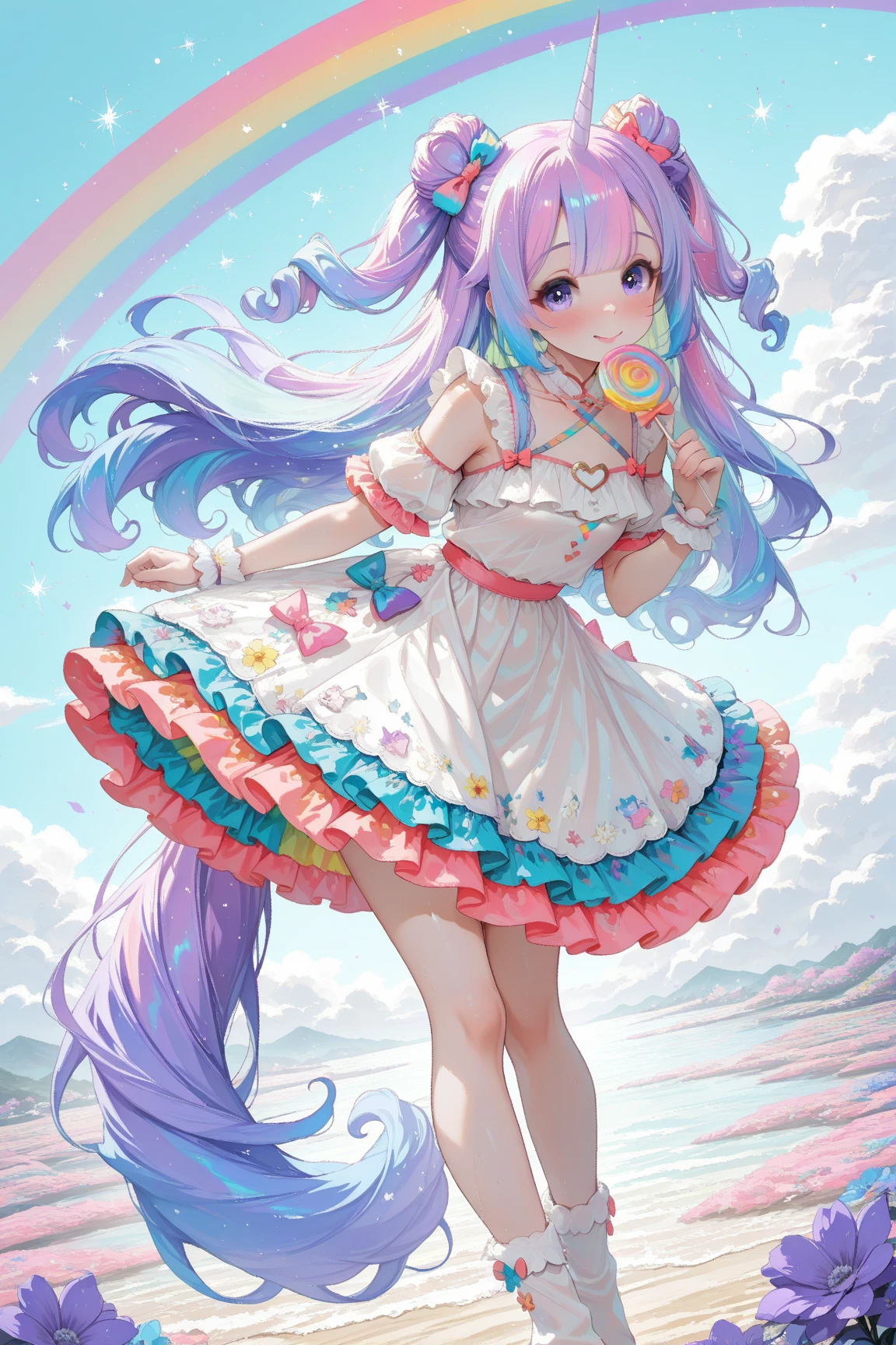 scepter, lots of candy, gumdrops, candycanes, a rainbow, candy, (a field of candy), 1girl, sugar queen, pink dress, a Sceptor of candy