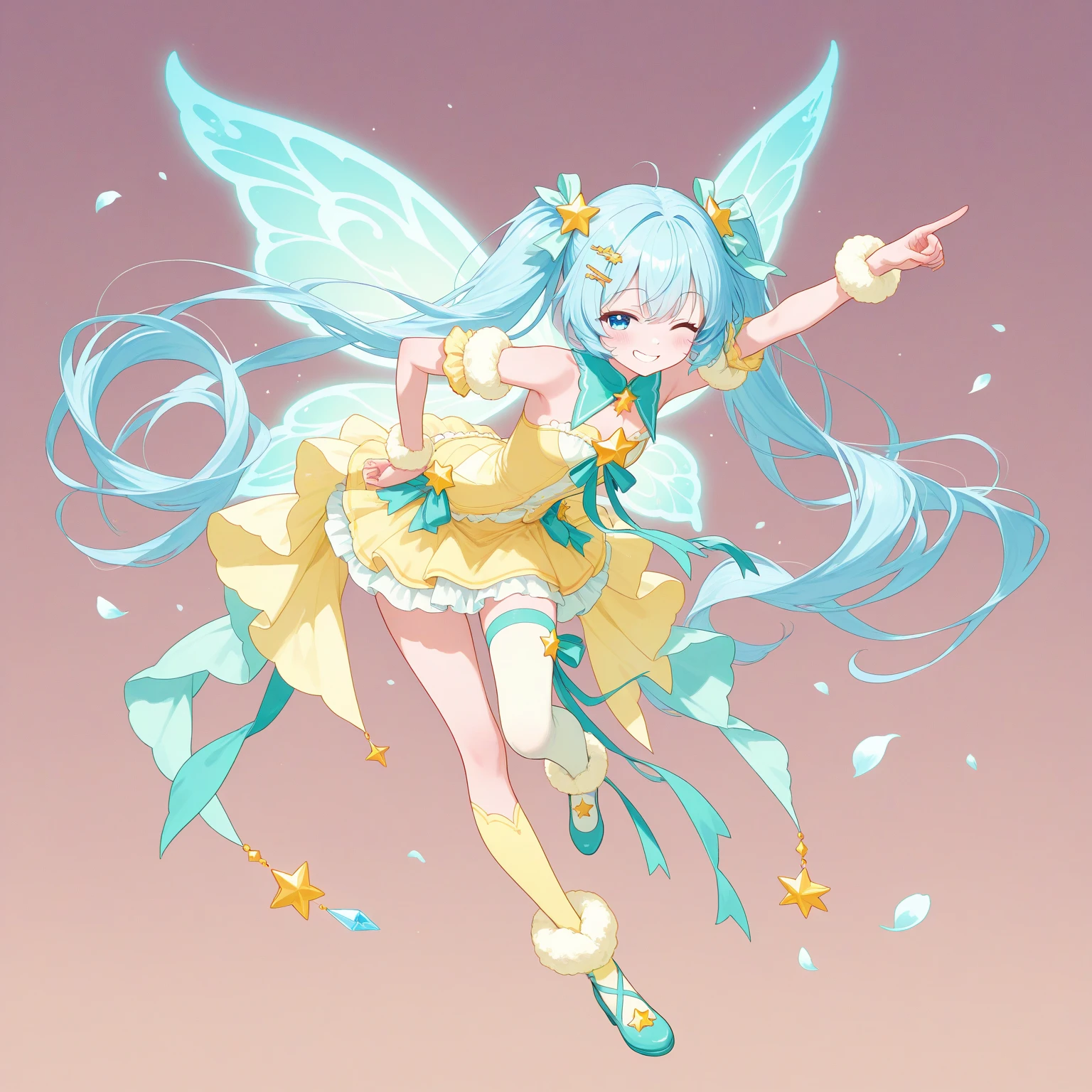 Seizo Watase style, Simple Line Initialism，Abstract art, 3d character, colorful hearts ,(((The most beautiful girl of all time))),  (full body 1.2), only girl, long hair, bufferfly and sky background, 20 year old, full body, (((8k))), (((3d)), blue and pink hair, Large butterfly wings on the back, yellow moon