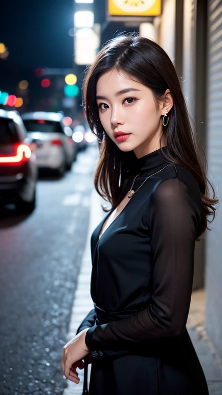(((best quality))),(((ultra detailed))),(((masterpiece))),illustration,1girl,slim,sun-kissed skin,vibrant rose-pink cotton dress,short ponytail,flat ,pantyhose,standing, bustling city streets, honking cars,surrounded by crowded crowds, colorful advertisements,grilled skewers,enjoying sights and sounds,(dark black skin:1.5),day scene,upper body