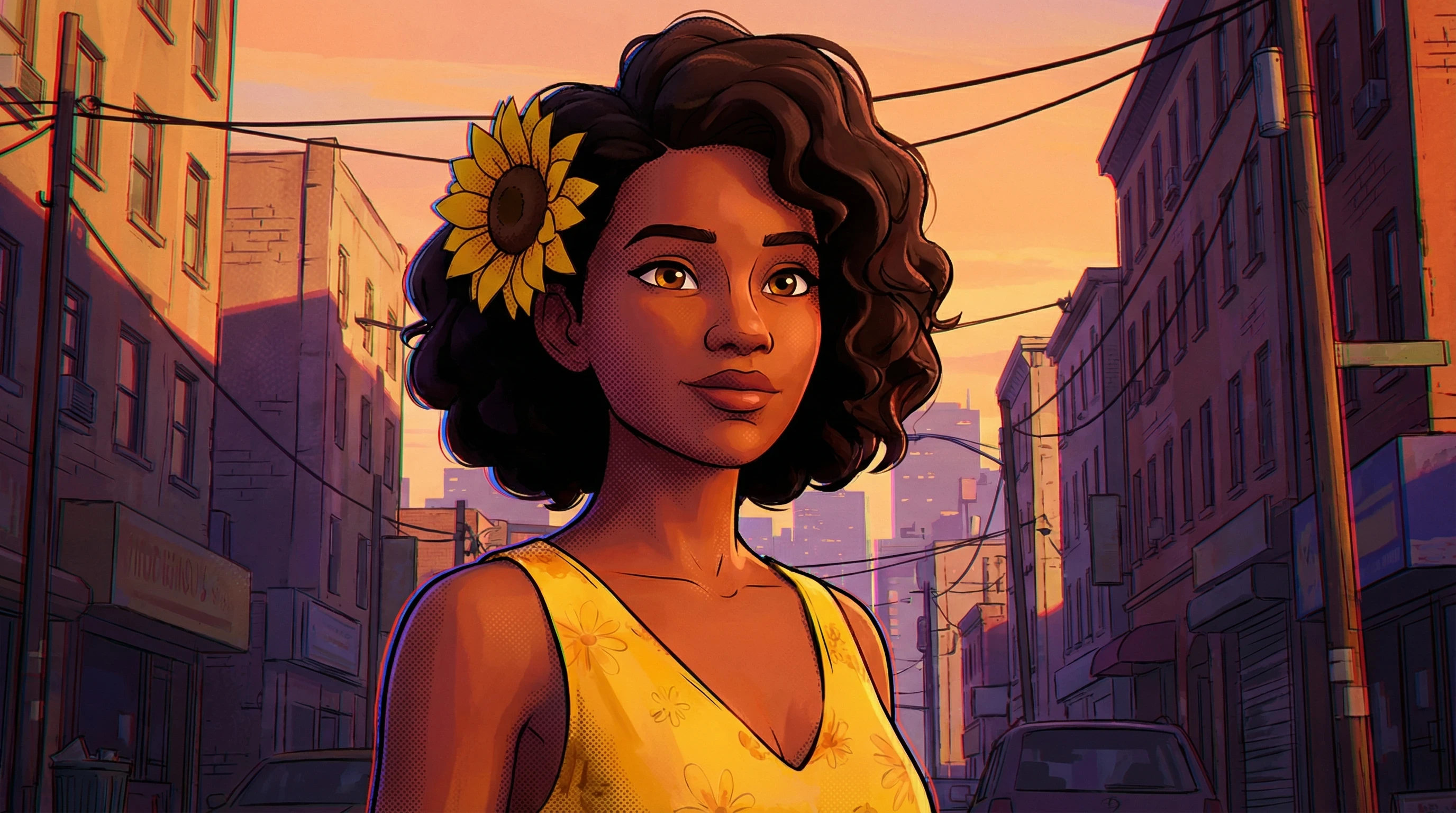 Steven universe environement, houses, cozy town, cityscape, Garnet visible in distance, beautful night sunset sky, view from a bedroom window, beautiful woman looking out window with back to viewer wearing white cotton undies and yellow tank top, long black hair in twin braids, juicy thighs, round , 26 years old, brown eyes, choker, tan skin, surprised look, doe eyes