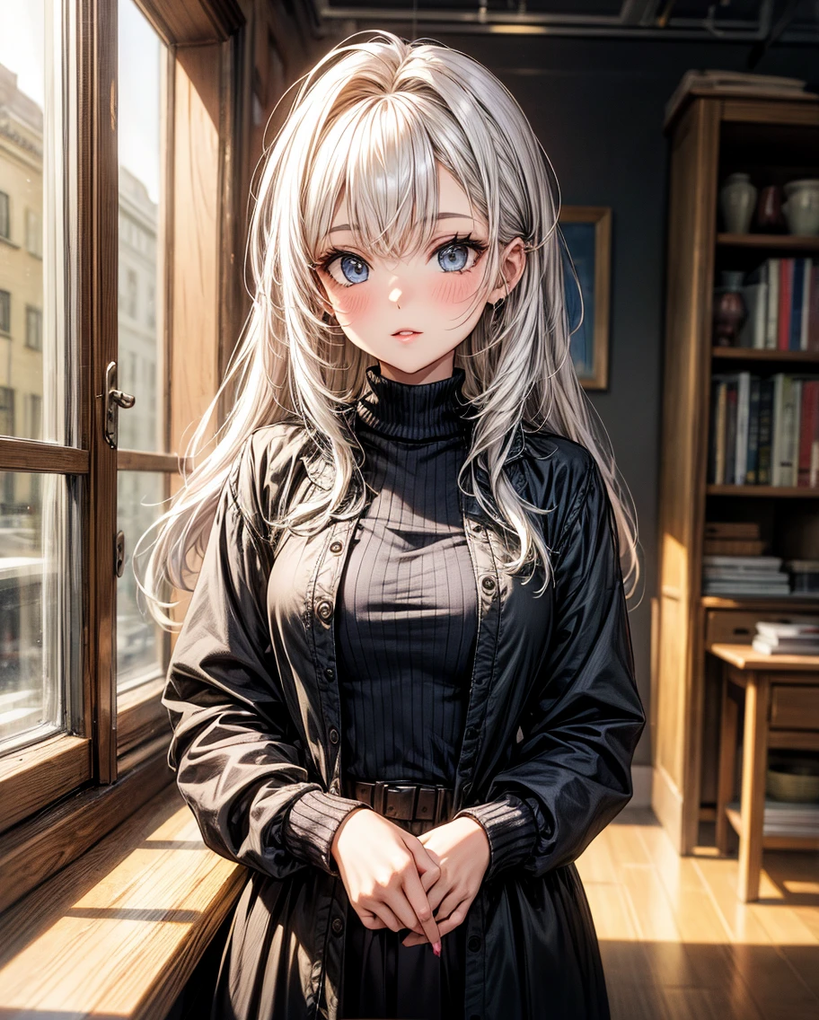 best quality, high detailed, european girl, blue eyes, medium white hair, posing in the art gallery, wearing sweater and skirt