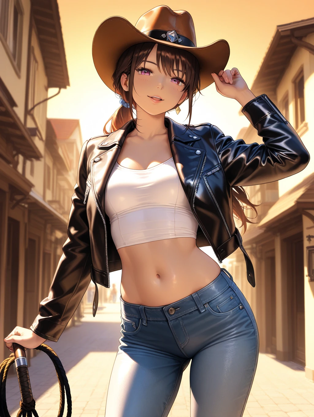 (masterpiece), best quality, expressive eyes, perfect face, (tavern background), (standing), (smirk), (closeup view), (1girl, vanessa alessia, dark skin, tanned skin, brown hair, wavy hairstyle, brown eyes, hourglass figure, thin body, skinny body, petite_body, , thick thighs, long fingernails, white front lace blouse, long sleeve, loose fit, brown leather corset, brown leather shorts, brown boots, , flintlock pistol in holster, hoop earrings, miscellaneous jewelry),  , , elegant makeup, ,  in public, , slim thighs, toned body, shiny skin,  pose,narrow , wearing high hip  and  top, amber eyes, (((girl  on table))), (v arms)