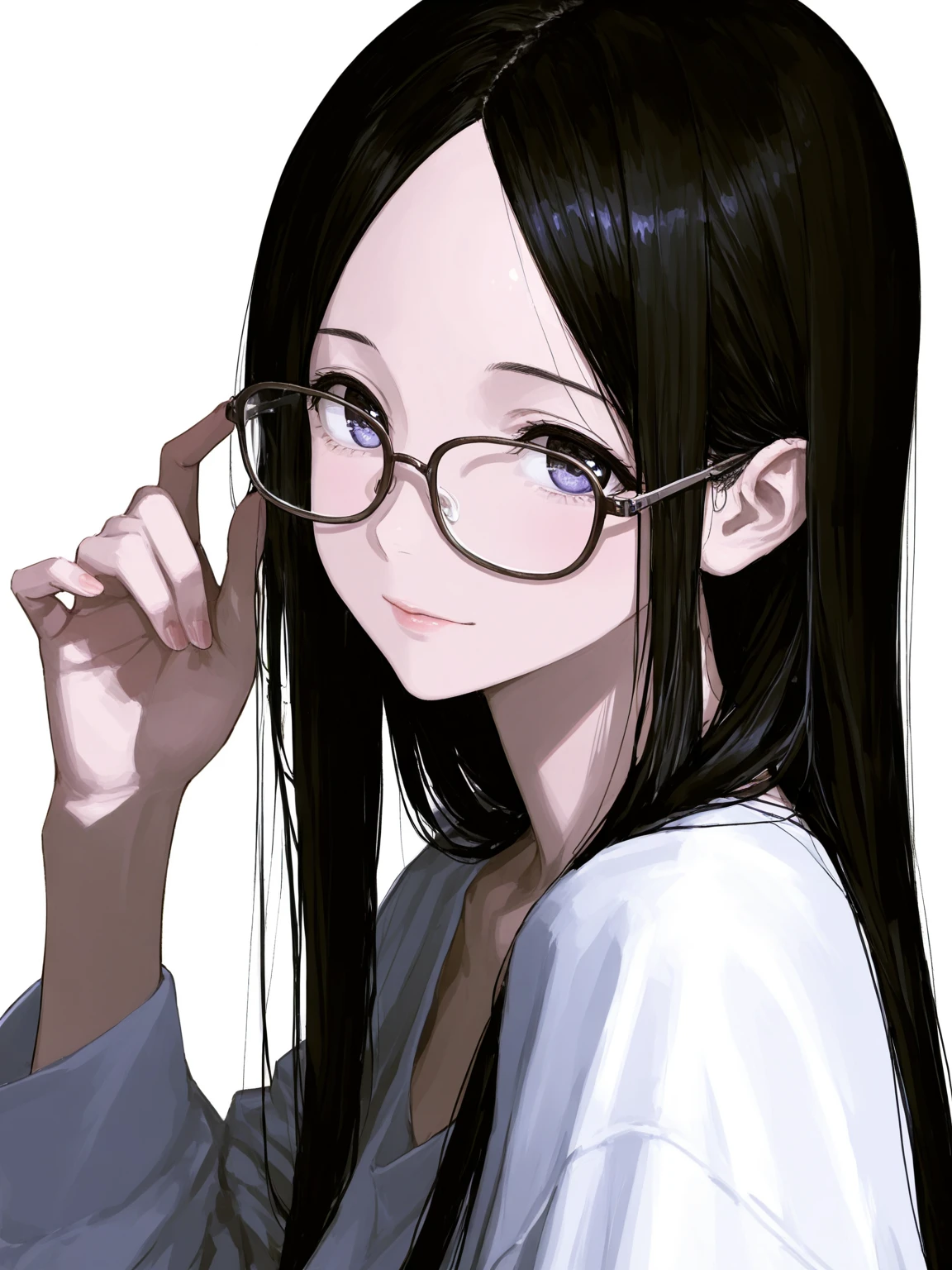 ((masterpiece)), accurate, high details, (detailed eyes), best quality, highres, super detail, Turtleneck sweater, sleeveless, flare skirt, lavender colored clothing, black hair, long hair, straight hair, mole under eye, rimless eyewear, Inside the room, afternoon sun, Put her hands behind her back