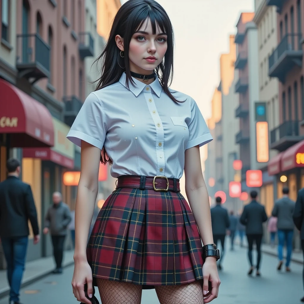 (8k, RAW photo, masterpiece:1.3), (realistic, photo-realistic:1.37), (night), (looking at viewer:1.331), (bloody hair), posing, Rome street, nightcityscape, cyberpunk city, soft light,  girl, extremely beautiful face, bust, put down hands, Random hairstyle, Random expression, big eyes, lower abdomen, (short-sleeved .JK_shirt), JK_style, (dark blue lifting JK_skirt), (bow JK_tie), mix4., best quality