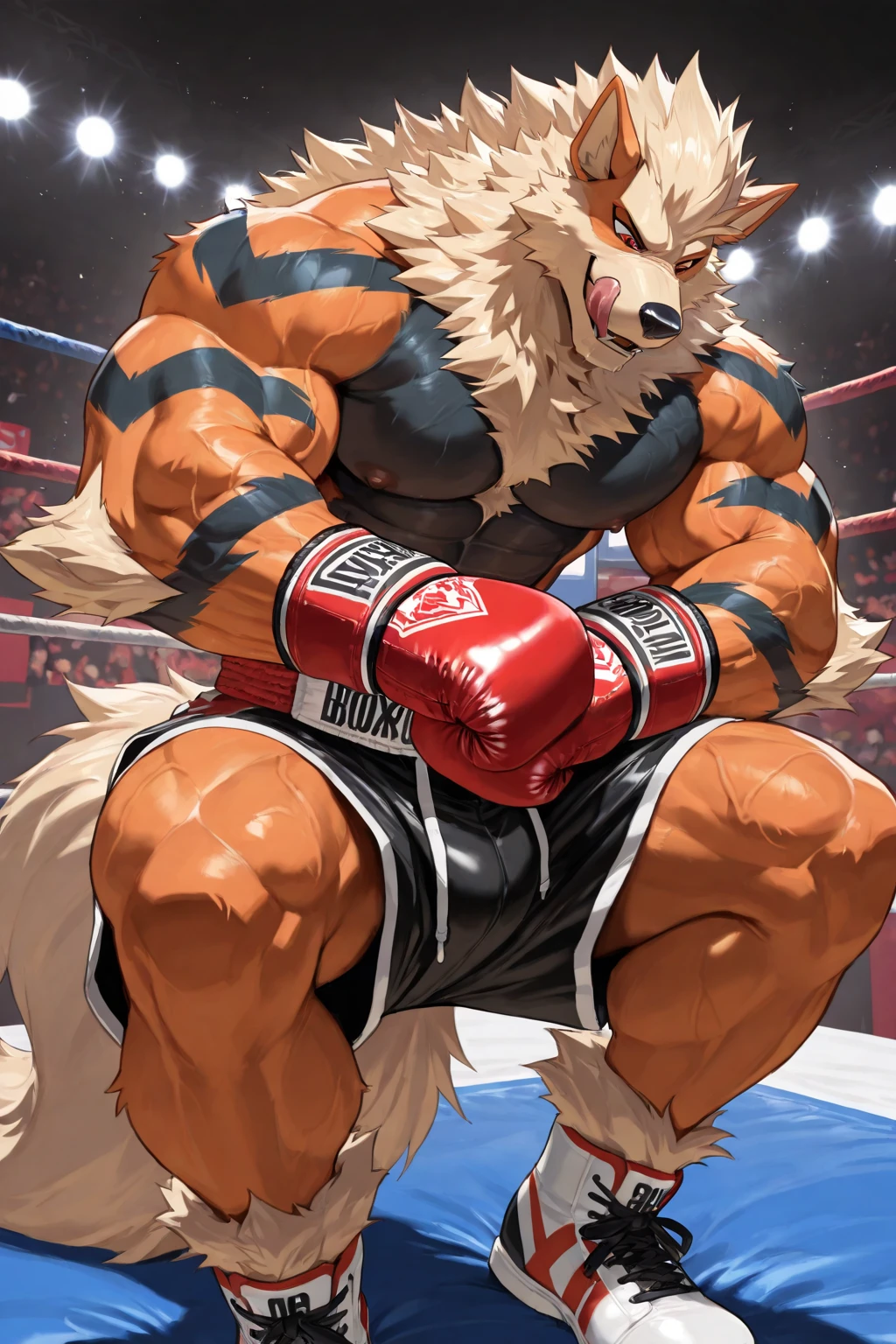 solo, 1boy, Huge Muscular Old Grizzly Bear wearing glasses , pectoral, huge pectoral, wide pectoral, short white hair, black boxing short pants, black boxing gloves and and , white bearded, Mustache, boxing ring background, masterpiece, high detailed, 8k, high resolution, front side, at the ring flexing victory, veins popping, growling, snarl