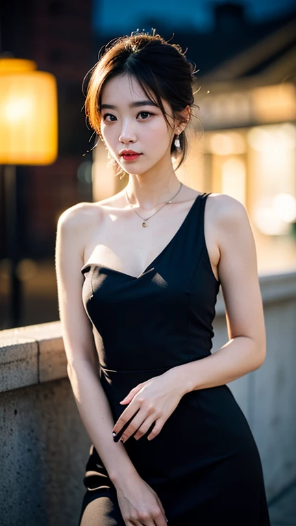 (((best quality))),(((ultra detailed))),(((masterpiece))),illustration,1girl,slim,sun-kissed skin,vibrant rose-pink cotton dress,short ponytail,flat chest,pantyhose,bustling city streets, honking cars,surrounded by crowded crowds, colorful advertisements, street food vendor, grilled skewers, spicy sauce, enjoying sights and sounds,(darkened black skin:1.5),upper body