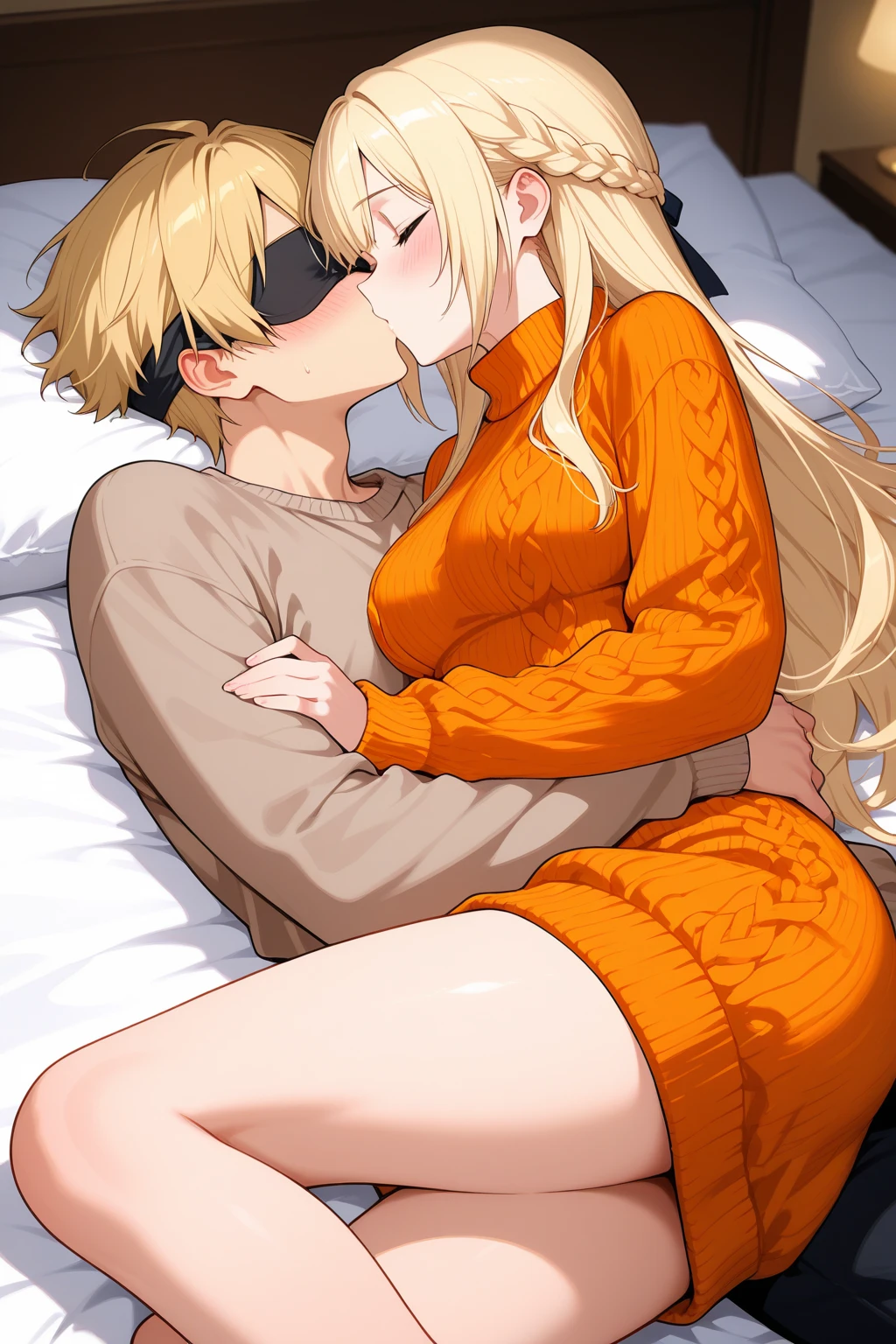 Beautiful 23 year old large blonde woman in lingerie, pubic hair, in a softly lit bedroom on a cozy bed and warm flowers, ??? with little 7 year old redheaded son in pajamas. small 7 year old boy inserts ????? into woman's ??????, a little boy, Cute, passionate
