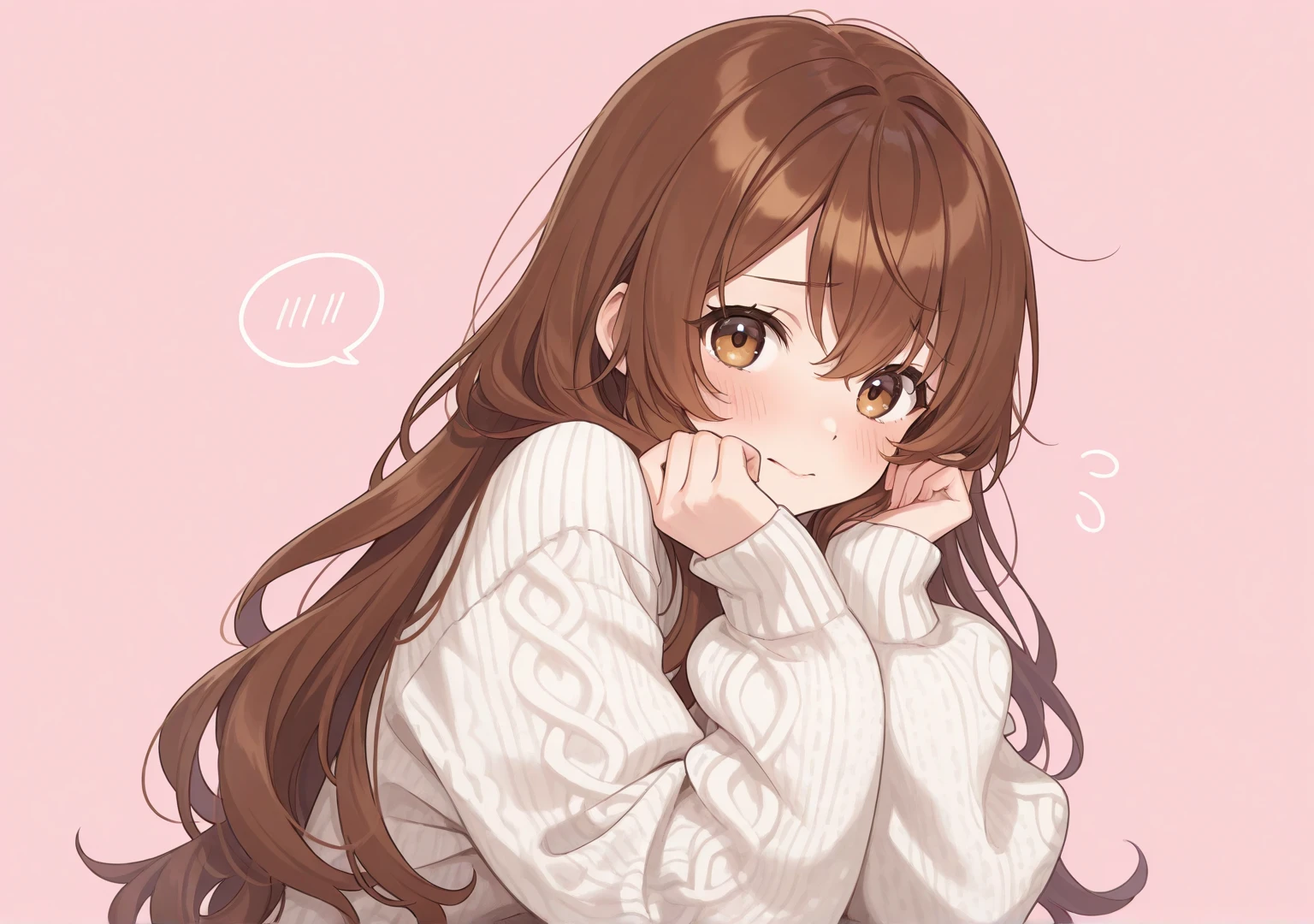 Anime, 1girl, brown skin, thick, cute, long curly brown hair with bangs, brown eyes, cute pink aesthetic