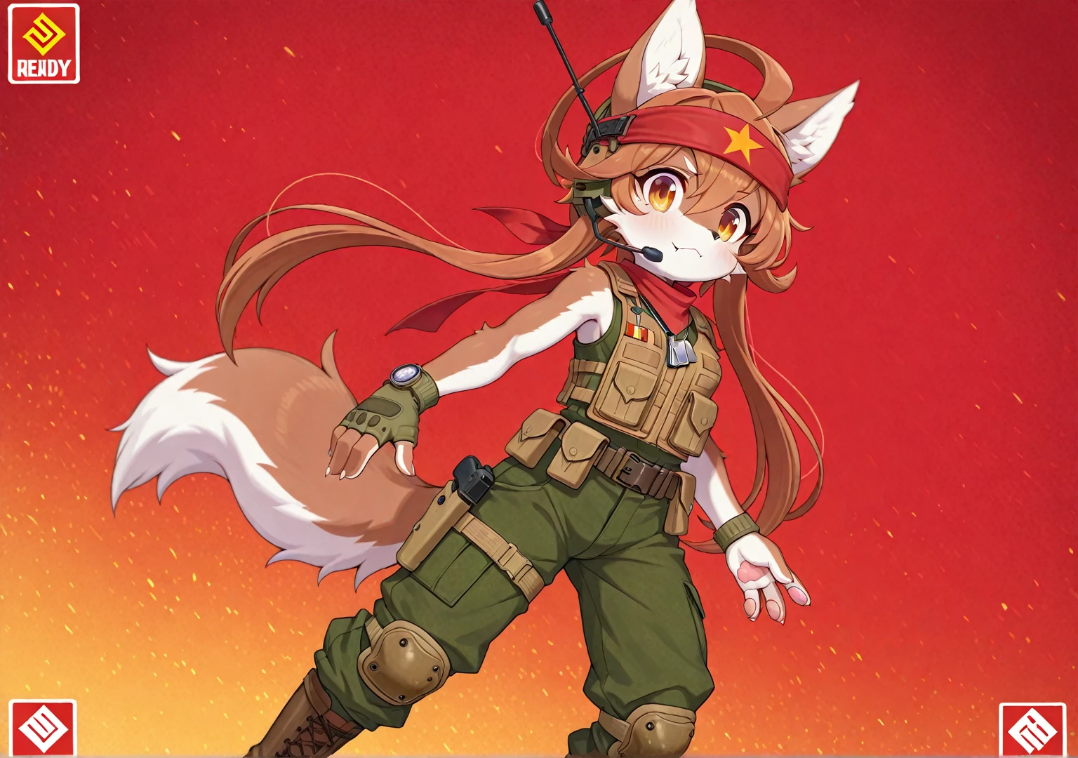 Sergeant O'Fera is a slender, female saluki dog who wears a yellow pilot's suit with a red collar, a red  pocket on the right, with a red armband bearing a crossbone symbol and a red belt. She also wears brown open finger gloves and calf-high high-heeled boots, and a red garrison cap. She has long ears resembling twintails and a long snout. A patch of forelock stick out from her hat. SPARKLE; GLITTER
