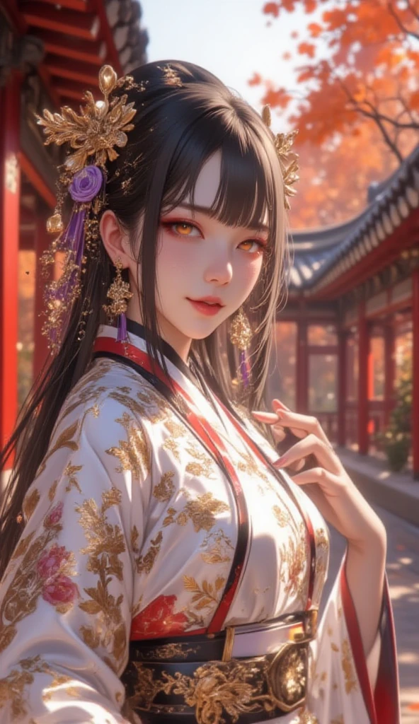 Hide in the ancient shrine、Hair flows、 ((highest quality、masterpiece、8k、best image quality、ultra high resolution、Award-winning work)、(accurate :1.1)、(look at me and smile:1.1)、Shining fair skin with ultra high resolution、most detailed face、ultra high resolution detailed face、ultra high resolutionの髪の毛、(ultra high resolutionの煌めく瞳:1.1)、Beautiful face drawn in every detail、(blurred background:1.1)、ancient shrine maiden clothes,  together, tattoo、real giant white snake aside