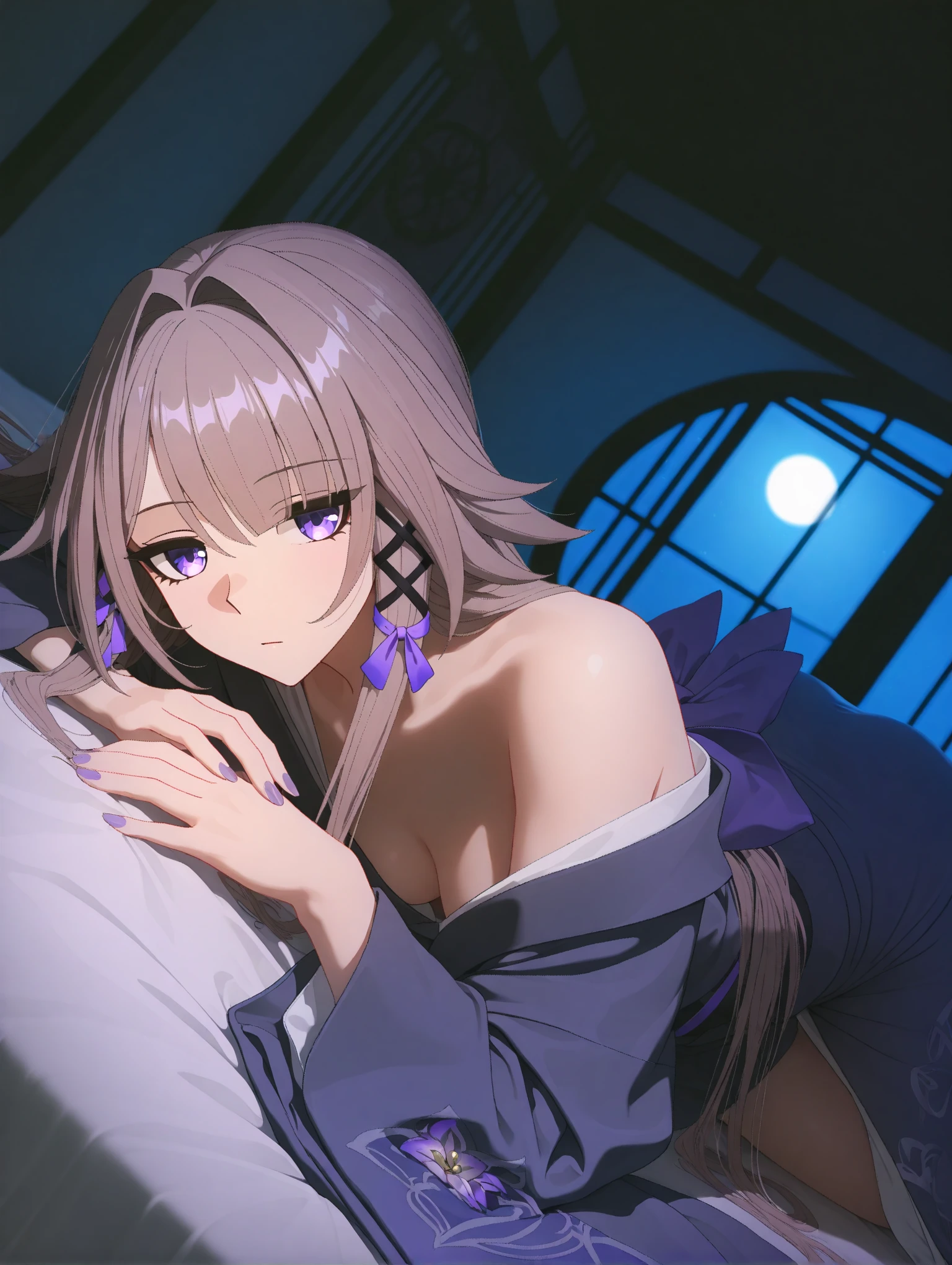 1girll，1boys，heterosexuality，The barefoot，long whitr hair，the feet，Male pubic hair，ssmile，，By bangs，nakeness，Purple colored hair，dark-skinned male，looki at viewer，Dressed female  male，Purple eye，toes，A sole，  ，The ，Keep one's mouth shut，Dark  skin，pov，nedium ，sitted，Focus individually， shoulders​，