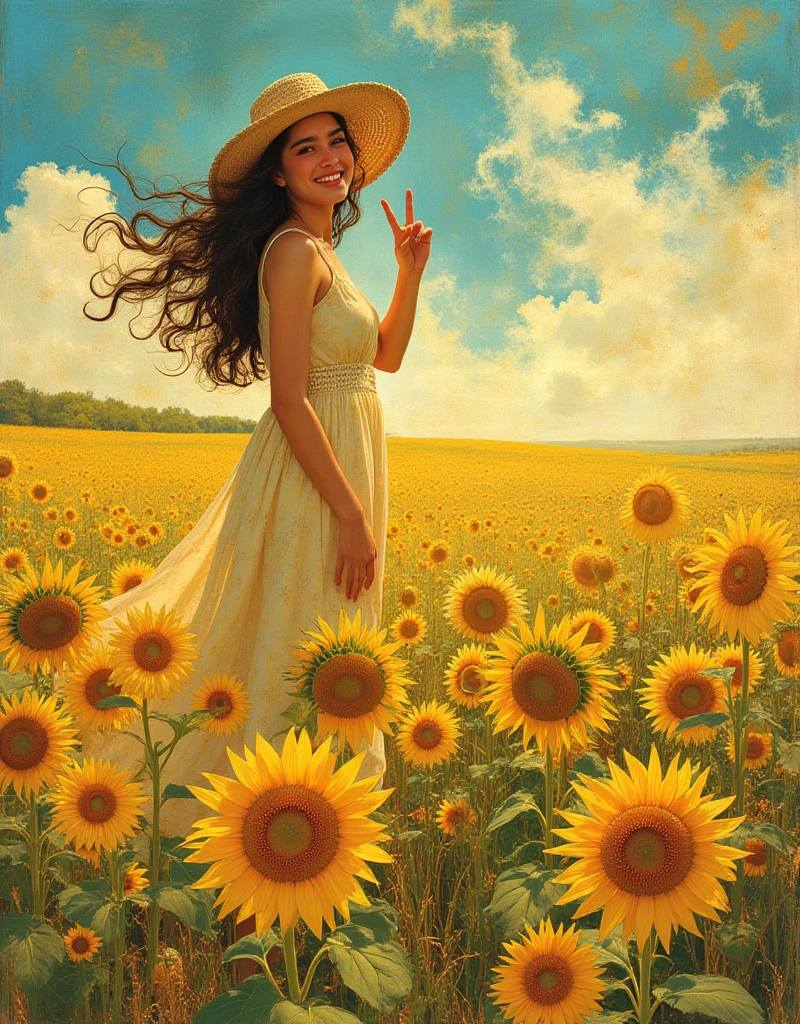 fuwa aika,1girl,solo, (White lace dress:1.2),flowing dress (sun visor hat:1.2), Sunflower field, under the sunlight, light smile,looking at viewer, wind, dynamic, strong light and shadow,dynamic pose,
