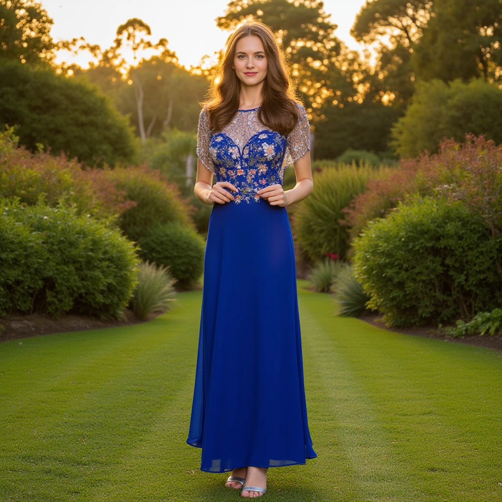 Emilia clarke, brown hair, walking in castle, wearing blue dress, happy, 