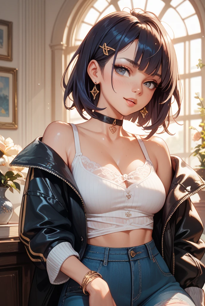 ((woman with tattoo on chest)), girl, Short white hair with bangs, Black strands of hair, Purple eyes, White T-shirt and , Pendant around the neck. Natural and beautiful standing posture, Crisp and realistic body detail. 超High resolution.Photorealistic:1.4,超High resolution. Realistic，High resolutionで, masterpiece, Highest quality, Very detailed, Better Shadows, Volumetric lighting), super high quality, High resolution, 8k, Ultra-Realistic Portraits , Photorealistic, Dynamic Lighting, Volumetric lighting, Very detailed顔,(:0.9),Large Breasts,