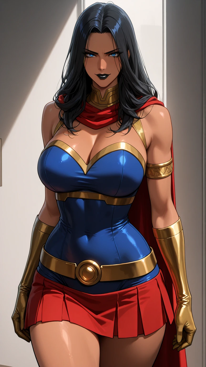 Gorgeous and sultry busty athletic (thin) brunette with sharp facial features and a (large nose) and (huge ?????) wearing a white and gold superhero leotard, cape, gloves, thigh-high boots