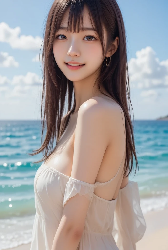 cowboy shot,ultra highres,(reality: 1.4),highest quality, masterpiece, high detail, 16K quality, beautiful, 1 beautiful girl,japanese,super beautiful face,baby face,japanese idol face,cute face,super detailed face,detailed hand,beautiful skin,glossy skin,wet skin,big eyes,big smile,cinematic lighting,pony tail, brown hair,brown beautiful eyes, (()),standing,,arms up,(((show off ))),(detiled ),choker necklace,thighhighs,under hair,,medium breasts,she is looking at the camera,beach,sunset,