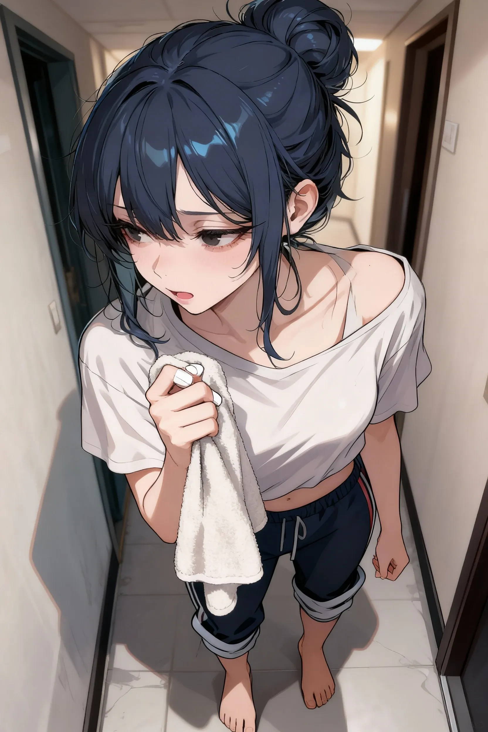 (masterpiece, highest quality:1.2), {best quality}, {very aesthetic}, {ultra-detailed}, {best illustration}, ????,training wear, yoga, yoga pose, sit, ?????????, indoor, on bed,Bobcut, Bluish black hair、White sleeveless tank top，Blue Denim Shorts