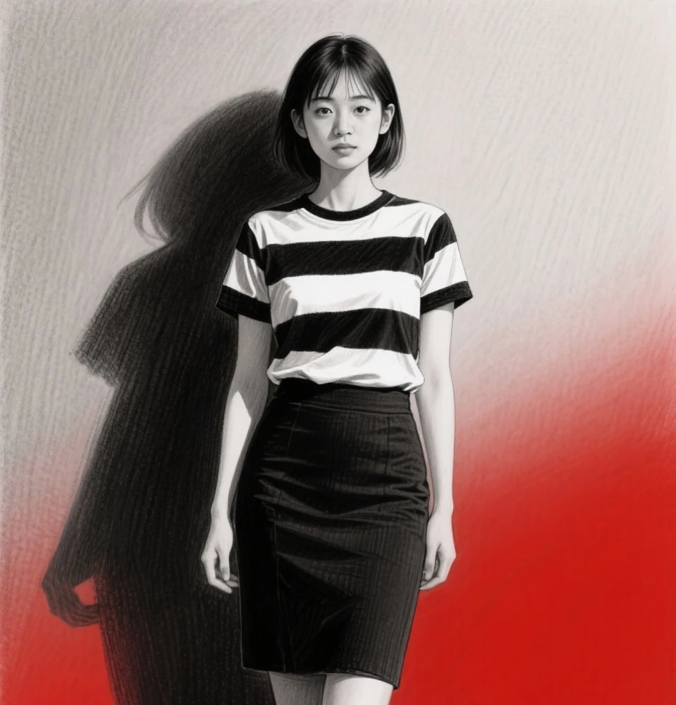 Highest quality, Masterpiece level, Intricate details, High-precision graphics, Ultra HD, Detailed Shadows, Great atmosphere, Dark Background, Shadow effects, Local Light, Pure beauty girl, Individual solo exhibition, Exquisitely detailed face and eyes, Real skin fit, Black and white contrast scheme, High waist and thin leg line, Shorts and stockings, (Tops are sleeveless T-shirts, Full-body presentation),