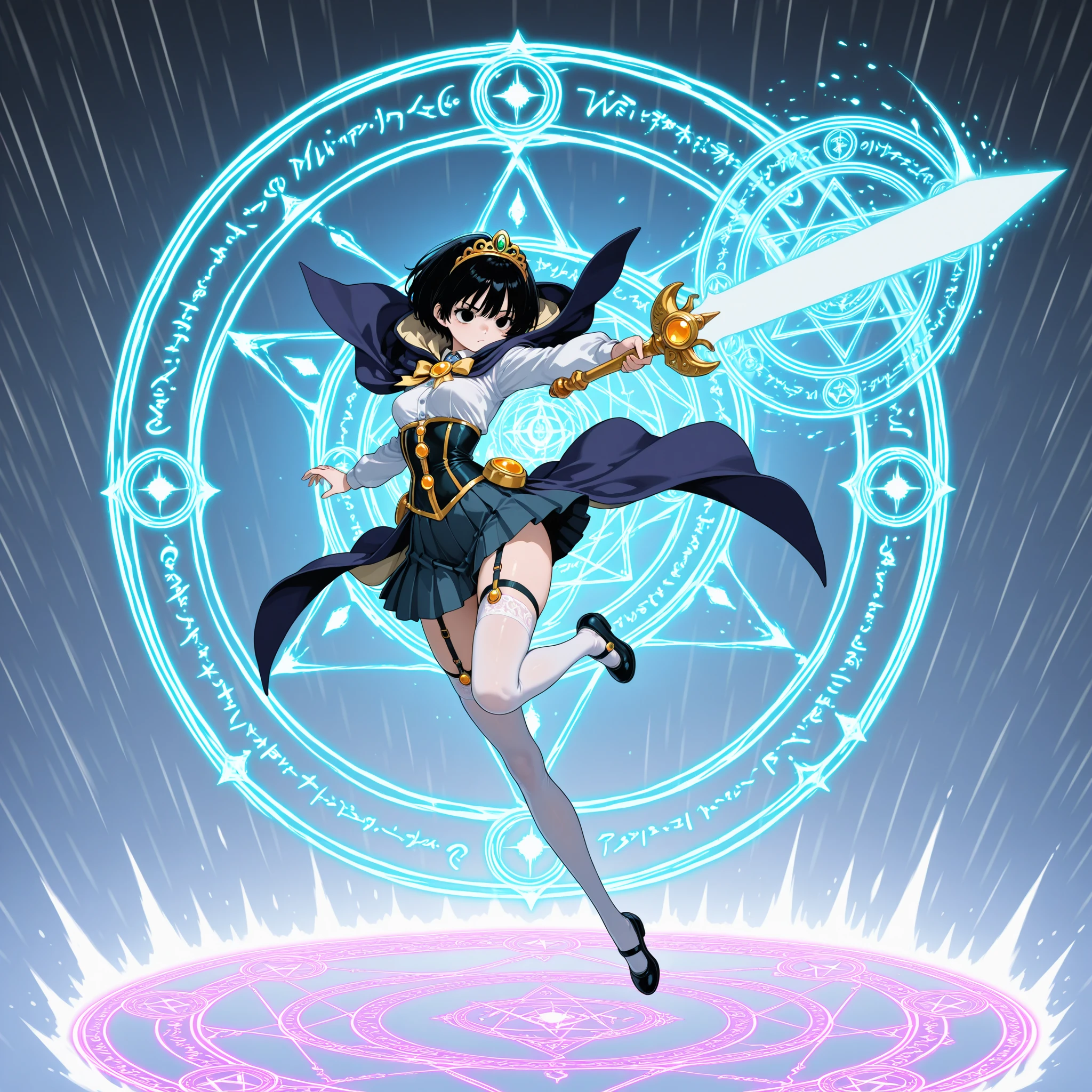 {{{{amazing quality, great quality, high quality, very aesthetic, aesthetic, best quality}}}}, 
realistic, photo, shadow, Three-dimensional, absurdres, Digital art, 
{{{{Magical girl}}}}, beautiful girl, one girl, 
black hair, long straight hair, hair, trimmed hair, shiny hair, blunt bangs, short sideburns, 
brown eyes, tareme, 
{{flat chest}}, {{small breasts}}, {{detailed body}}, slim thighs, thin thighs, 
from side, from side, white cloak, full body cloak, A girl covers the front of her body with a cloak, 
{{both shoulders expose}}, {{covered navel}}, 
{{magic circle}}, 