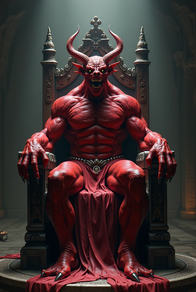 satan on his throne ruling, skin red, hair from navel to , Swim trunks with bulge, Chubby, Hairy, Bearded, high resolution, ultra-detailed , sharp focus, intricate details, His right leg is casually resting on the armrest of the throne, showing a relaxed yet commanding posture. His left hand is clenched into a fist, supporting his head as he leans slightly to the side. The king’s expression is thoughtful and intense, with a sense of authority and contemplation. The throne is ornately decorated, and the background is a dimly lit, grand hall with banners and torches, emphasizing his