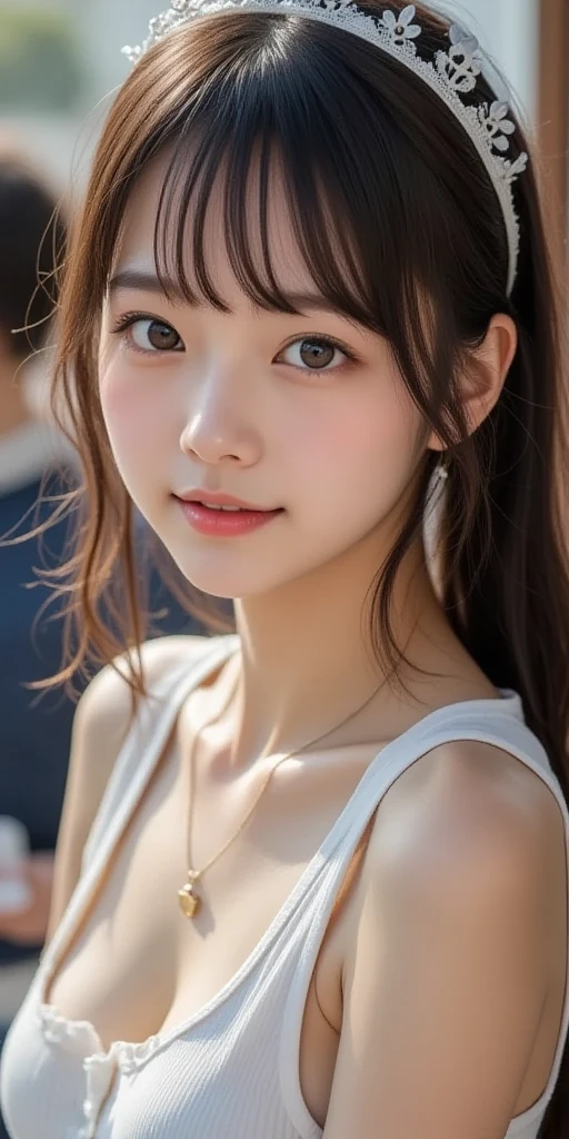 Beach,resort,white bikini,Close-up of face,Blushing,Facing forward,Close-up of face,Small breasts,14 years old,Long hair ponytail,((8K, Raw photo, Best Quality, Mastepiece:1.2), (Realism, Photorealistic:1.4), (Highly detailed 8K wallpapers), Depth of written boundary, Cinematic Lighting, Soft Light, Detailed Beauty Eye,Shiny and smooth light brown ponytail, Asymmetrical bangs, Shiny skin, Ultra-detailed skins ,It is high resolution., High detail, Detailed hairstyle, Detailed  beauty, Hyper-realistic, Perfect limbs, Perfect  ,1 Japanese girl,Famous Japanese Idols, Perfect female body,A shy smile,Short eyelashes,Double-edged eyelids,Look straight here,Hair style: ponytail,Close-up of face