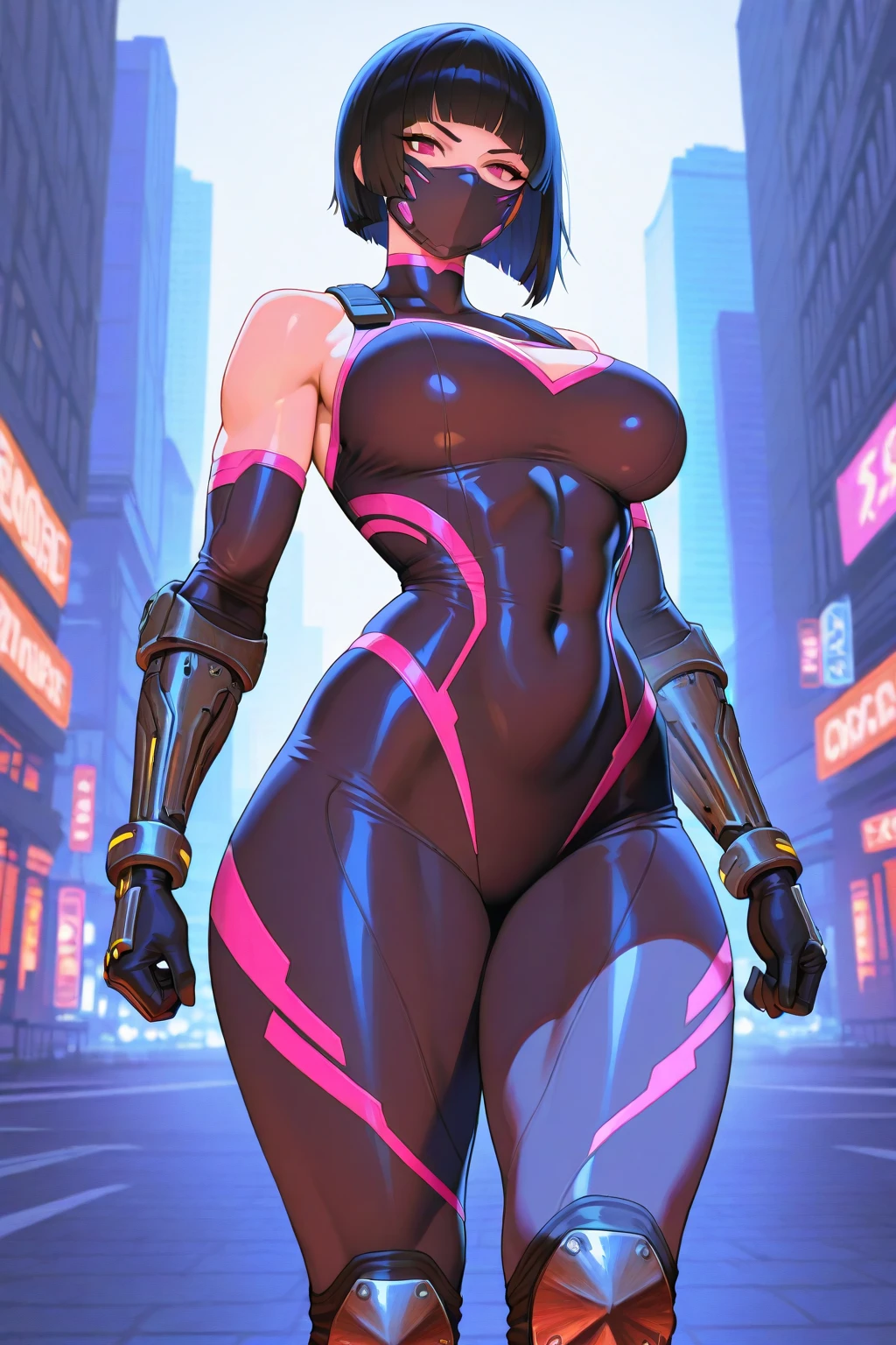 Best 8K UHD quality, solo mature woman, giant ???????, giant ???, very curvy, dark skin, bob cut black hair, hot pink eyes, full lips, seductive, tattoo, tight croptop shirt, low jeans, thongs, bimbo