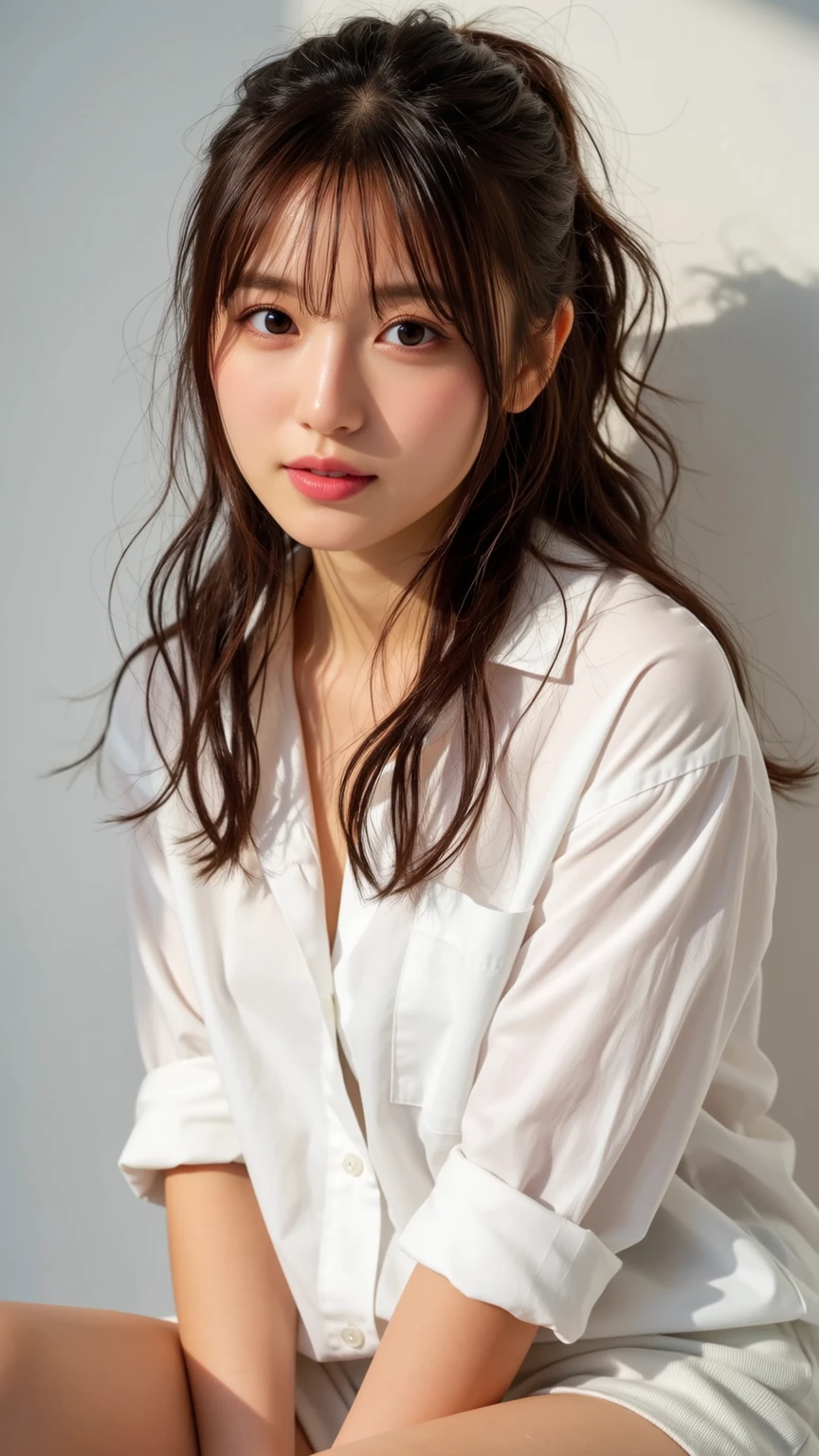 masterpiece, highest quality, 8k,Ultra-high resolution、Head to knee photo、 20th Generation, Large Breasts, cute, alone, sad, cute, Girlish, cute、Delicate girl, Pure beauty,  RAW Photos, Professional photography, Soft Light, Professional Lighting, Backlight, avert your eyes, Sophisticated, Film Grain, (Eyes and  details:1.0), Floating hair、Messy Hair、Wavy long hair、,Asymmetrical bangs, Round face、Young face、(A loose white  blouse)、(Large Breasts:1.2)、You can see a little cleavage、The  protrusions are clearly visible、( Skirt(Pink))、Voluptuous thighs、Translucent white skin、Dolly Makeup、(Odd Eye、The left and right eyes are different colors)