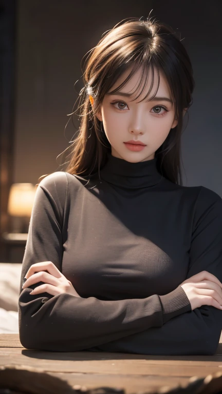 Tabletop, Highest quality, Realistic, Very detailed, finely, High resolution, 8k wallpaper, 1. Beautiful woman, One girl, Perfect lighting, Red hair,  Side Lighting, Detailed face, bangs, Light Skin, Simple dark background,suit