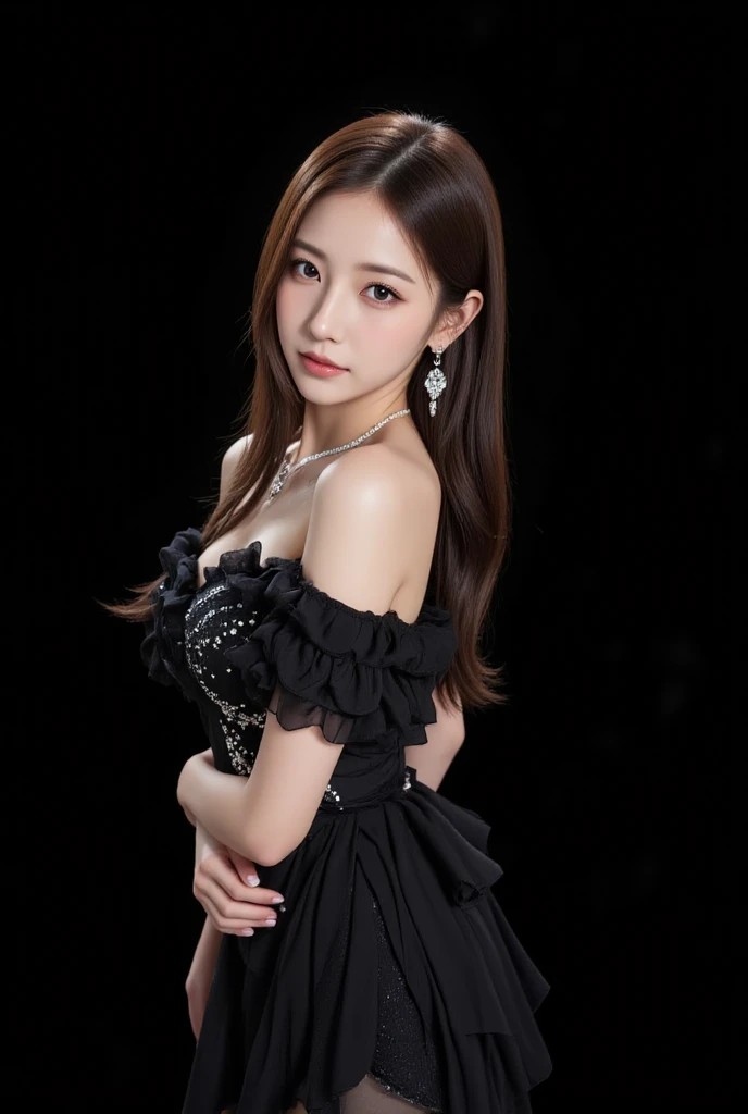 (masterpiece), best quality, perfect face,  1 woman, black formal dress, white background, 