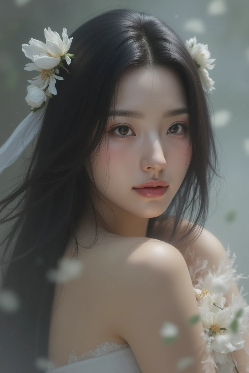 a woman with long black hair and white flowers in her hair is laying down in a field of white flowers, (amy sol:0.248), (stanley artgerm lau:0.106), (a detailed painting:0.353), (gothic art:0.106)