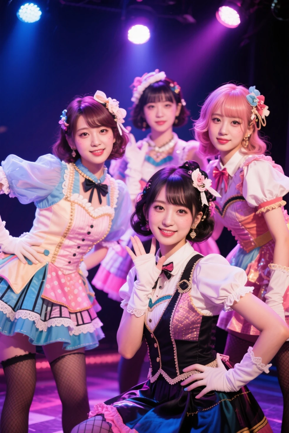 masterpiece, top-quality, top-quality, Beautifully Aesthetic:1.2, ((3 girls)), 
((Middle girl is Wearing a shiny Punk costume, , petticoats:1,2), high detailed, 
((Left girl is Wearing a shiny Punk costume, , petticoats:1,2), high detailed, 
((Right girl is Wearing a shiny Punk costume, , petticoats:1,2), high detailed, 
(Three girls are standing side by side in a neat line:1.3), large breasts, firm breast, nicely shaped breasts, slender figure, 
(((Bleached Hair))), pink mesh hair, (short hair:1.2),  black thigh-highs,
((At the middle of very crowded Shibuya Scramble Crossing at late night:1.2)), ((Surrounded by many people dancing for Three girls)), (Full body shot:1.1), (From back:1.3), (Looking at viewer), (shot from below, from lower angle)