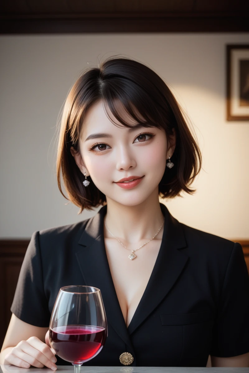 ulzzang-6500-v1.1, (RAW photo:1.2), (Photoreal), (genuine:1.4), (muste piece),(very realistic, High resolution, detailed face, fine eyes), thin woman, 40 years old, cute face, look at the audience, (very affectionate smile:1.2)、Straight Bob Hair_lower front cut, slim figure, small , very thin waist, at the restaurant, wearing a knit dress