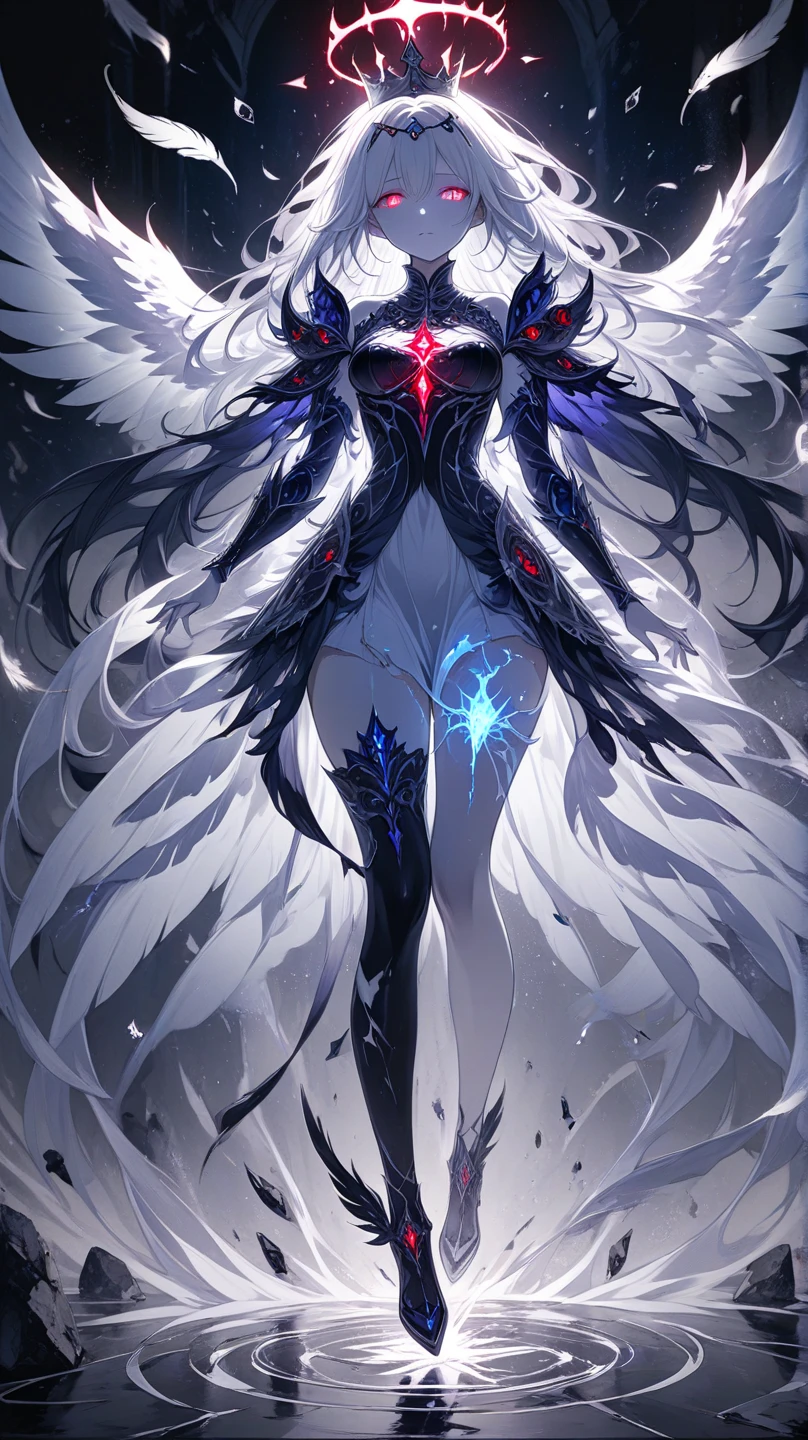 black、White、Blue and Red,(best quality, Super detailed, high resolution, Extremely detailed CG),Wide-angle lens,Dead angel standing on the edge of a cliff,She is beautiful,She likes blood and the ocean,Blood Rain, mystery,Fanatic, Wheels within wheels, Surreal,Beautifully，The artwork should transition from a pencil drawing style in black and white on the left half to vibrant colors on the right half, Ensure a seamless integration between the two halves without any dividing line, The scene is identical on both sides, with the left side featuring detailed black and white pencil strokes and the right side filled with colors, creating a harmonious blend across the image