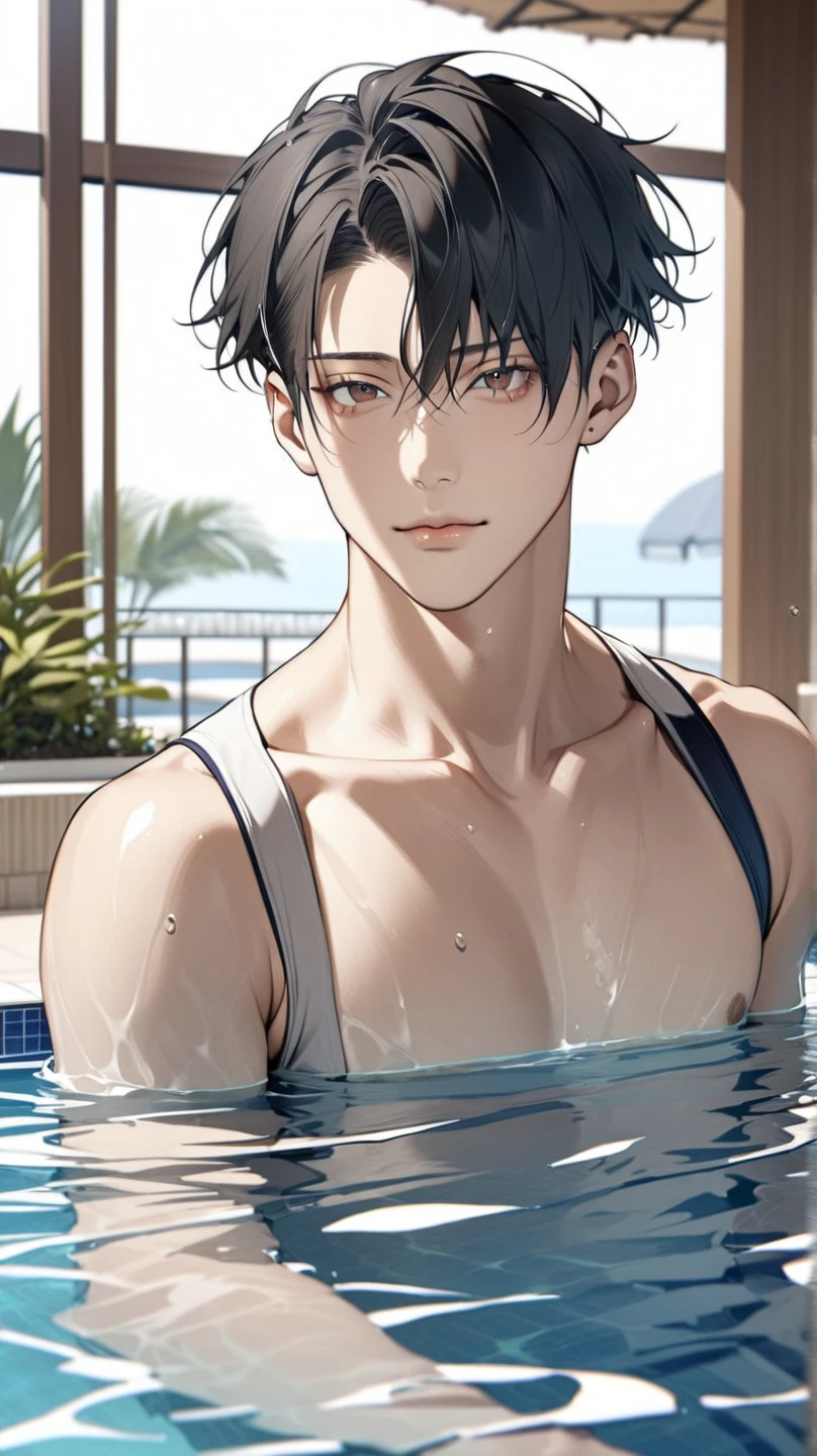 (absurdres, highres, ultra detailed, HDR) master piece, best quality, perfect face, delicated features, Kim Dokja, black hair, expressive brown eyes, Omniscient reader's viewpoint, solo, sexy man, handsome,  chest, sea, beach, petals