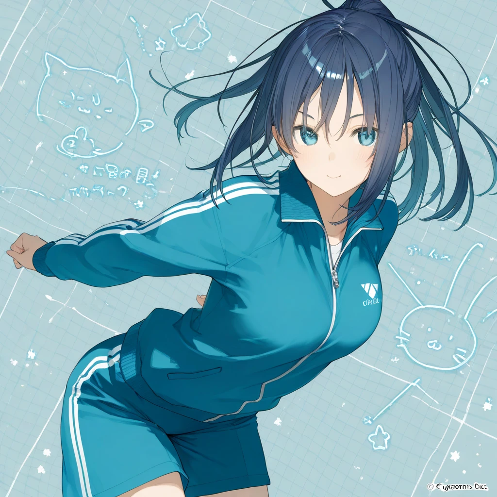 One girl, long black hair, very fit sexy, plain Aqua blue tshirt and black training shorts