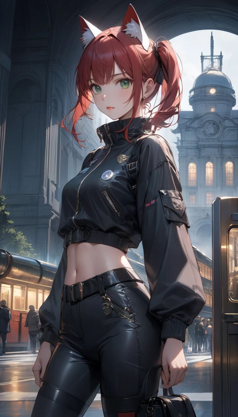 techwear,, ultra detailed, masterpiece, best quality, aesthetic, detailed,, solo, 1girl, red hair, orange eyes, amber eyes, swept bangs, parted bangs, low twintails,
short hair, medium hair, small , (tsurime:1.2),, leggings, leather jacket, long shirt, combat boots, hoodie,