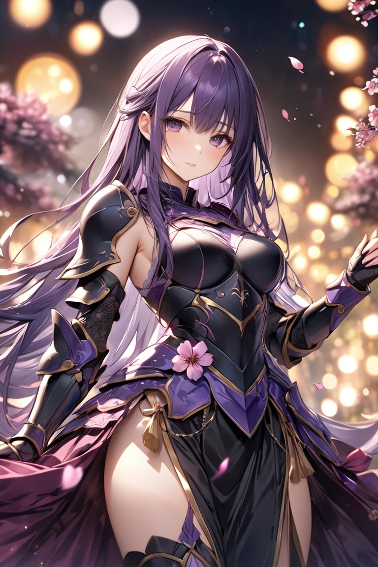 absurd res, high res, (masterpiece:1.4), ultra-detailed, 1girl, from front, space, floating, purple Chinese dress, purple dress, stockings, purple hair, purple heart shape eyes, purple eyes, garter belt, yandere