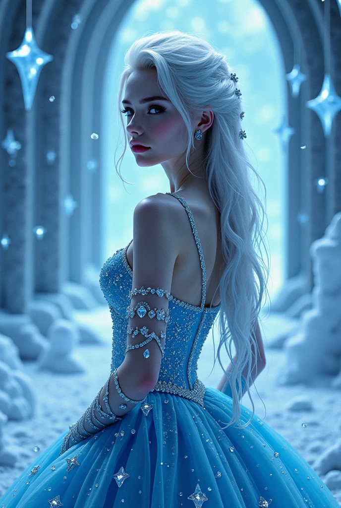 The silver-haired lady wears a pierced high-resolution dress with rhinestones，Being in a polar aurora temple full of frozen roses，Shattered blue star fragments suspended all around，Cool and noble，Extremely fine jewelry texture，8k fantasy epic composition。
