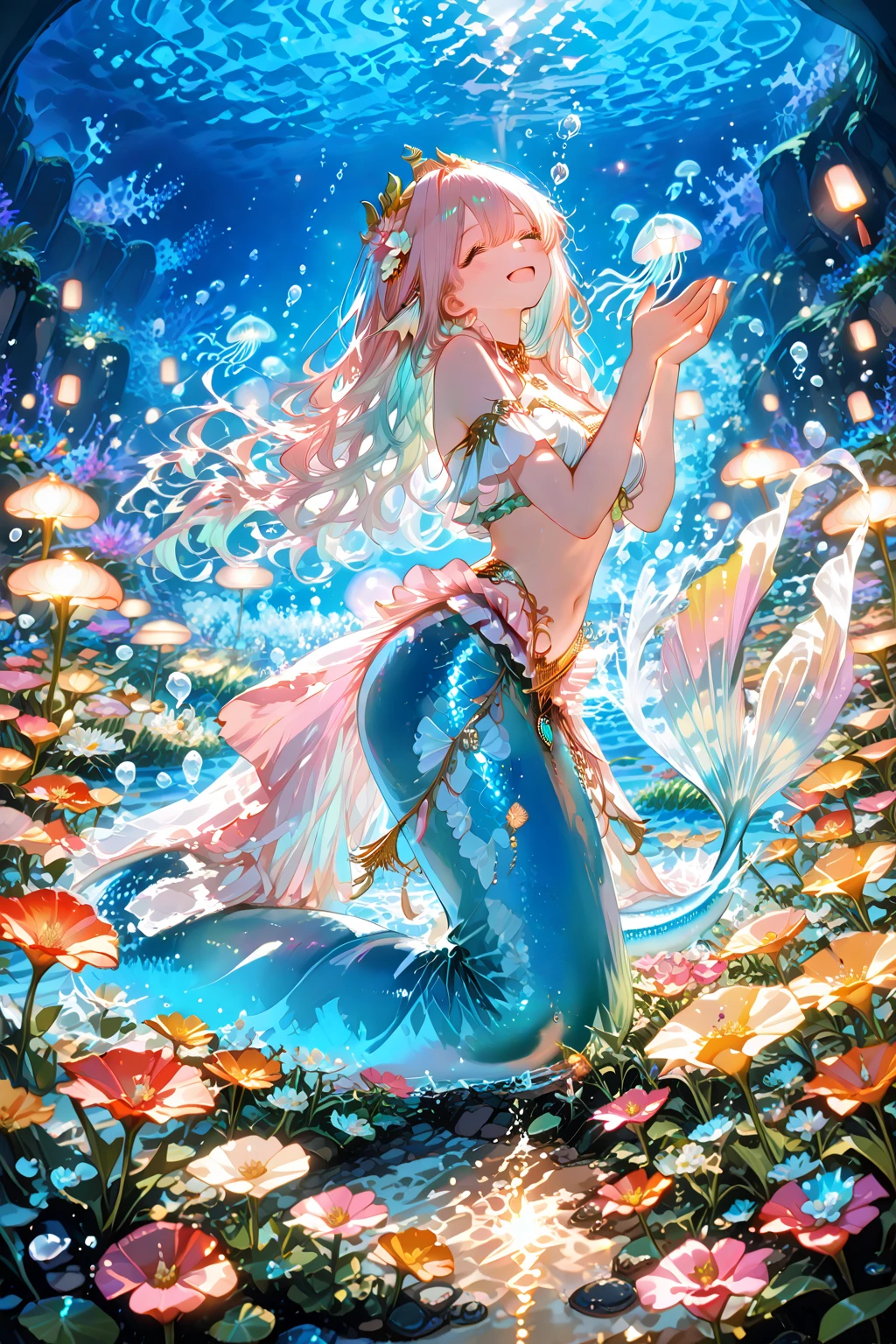 Mermaid，Mermaid，Mermaid女孩，Mermaid尾巴， style，Scale style，Underwater background，Underwater background，Seabed background，Coral shells background，Background in sea water，pink与紫色的鳞片，pink色调，fin，身上长着fin，Girl with fish tail，pink与紫色，Powder blue scales，cute，cute，cute，crown，Armor，Armor，pink，pink鳞片，Close-up shot from waist up，Giant fish tail